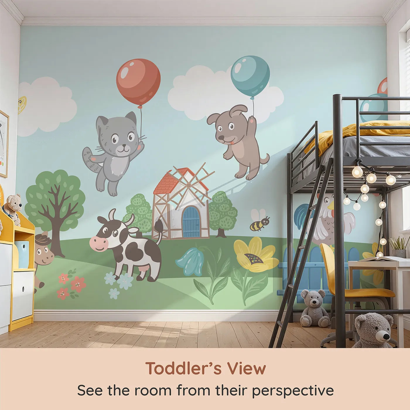 Whimsy Tots Farm Animal Balloon Party Wall Mural (Turn Their Room into a Floating Farmyard Parade) from your child's view.Gender-Neutral