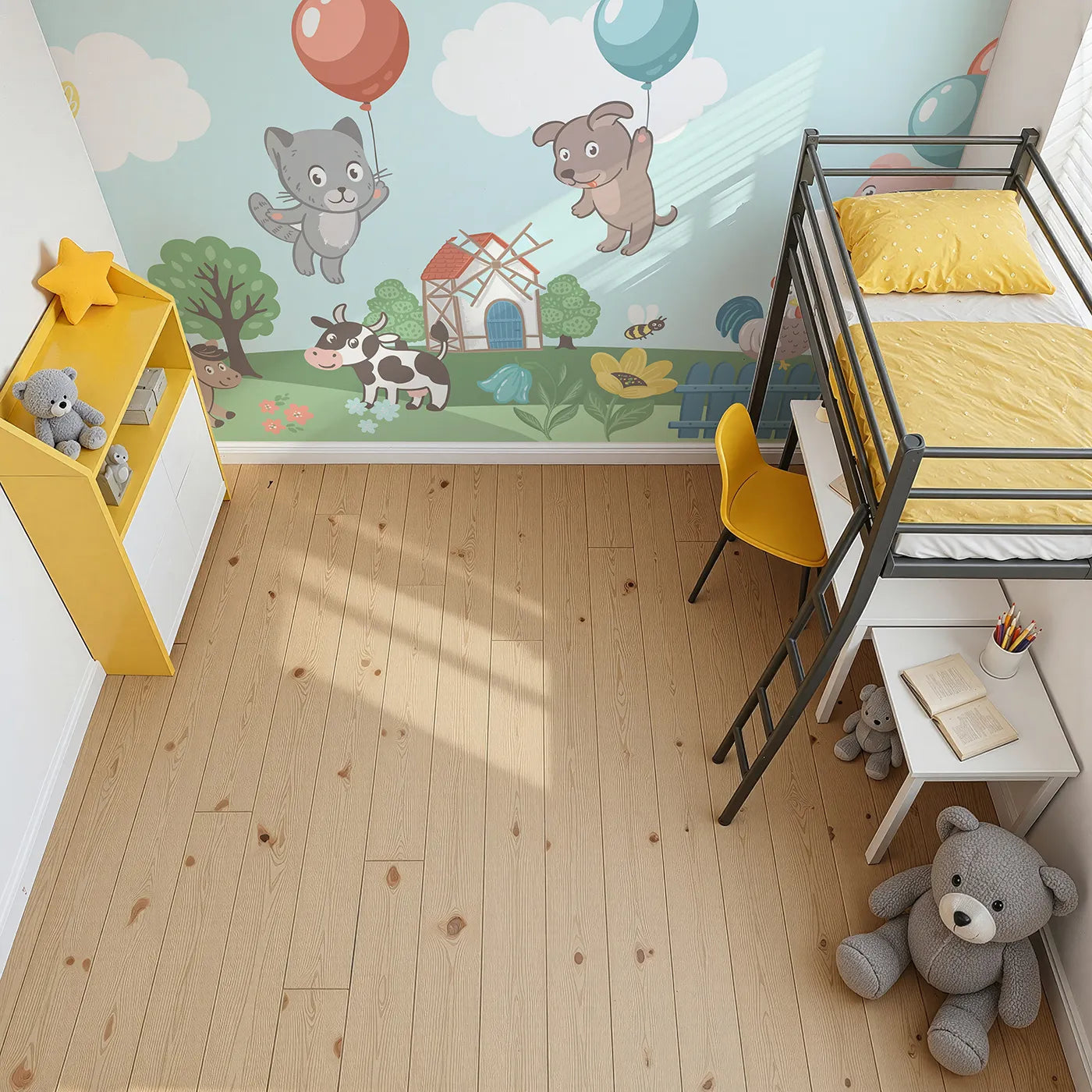 Top-down view of Whimsy Tots' Farm Animal Balloon Party Wall Mural (Turn Their Room into a Floating Farmyard Parade).Gender-Neutral