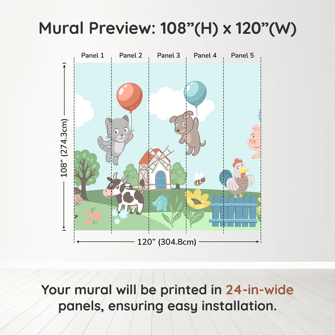 Whimsy Tots Farm Animal Balloon Party Wall Muraldimension view (108" H x 120" W). Printed in five 24-inch-wide panels. Gender-Neutral
