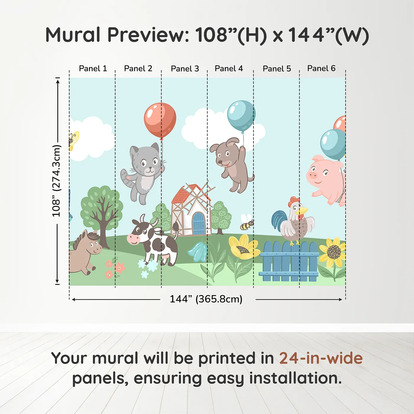 Whimsy Tots Farm Animal Balloon Party Wall Muraldimension view (108" H x 144" W). Printed in six 24-inch-wide panels. Gender-Neutral