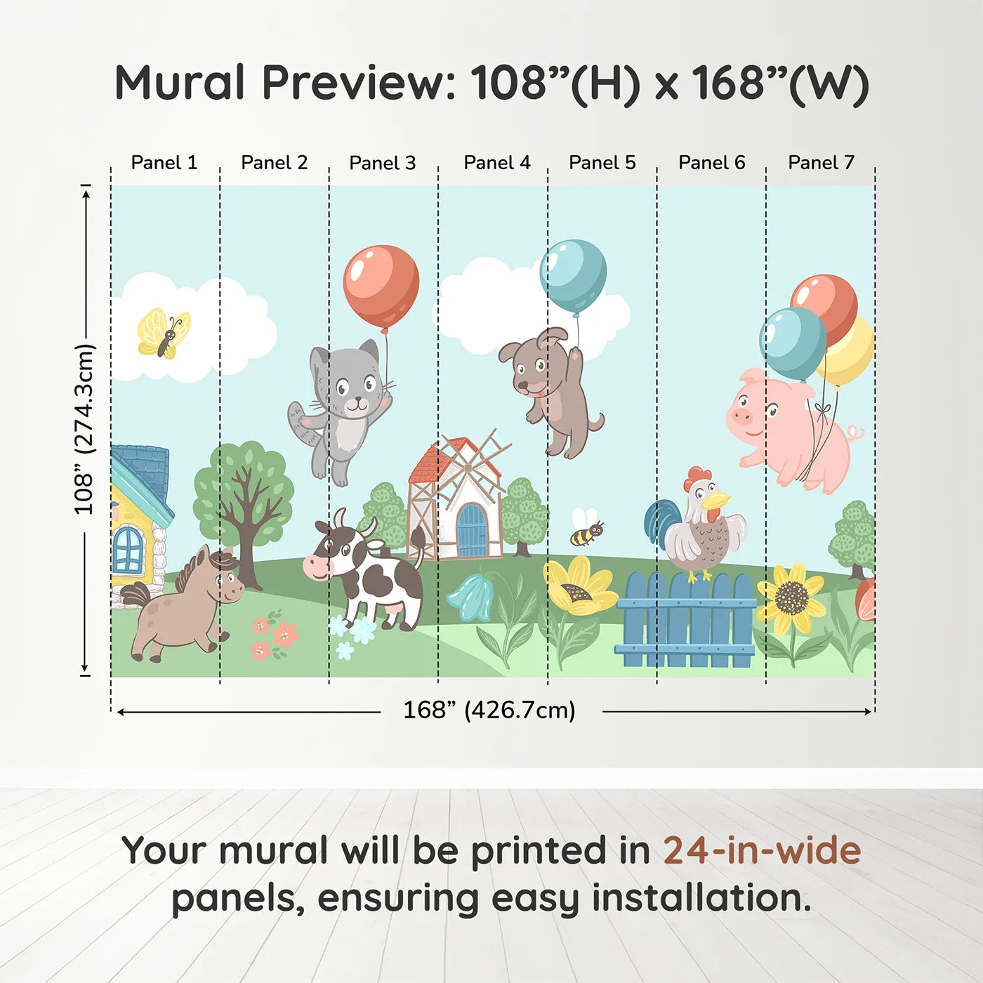 Whimsy Tots Farm Animal Balloon Party Wall Muraldimension view (108" H x 168" W). Printed in seven 24-inch-wide panels. Gender-Neutral