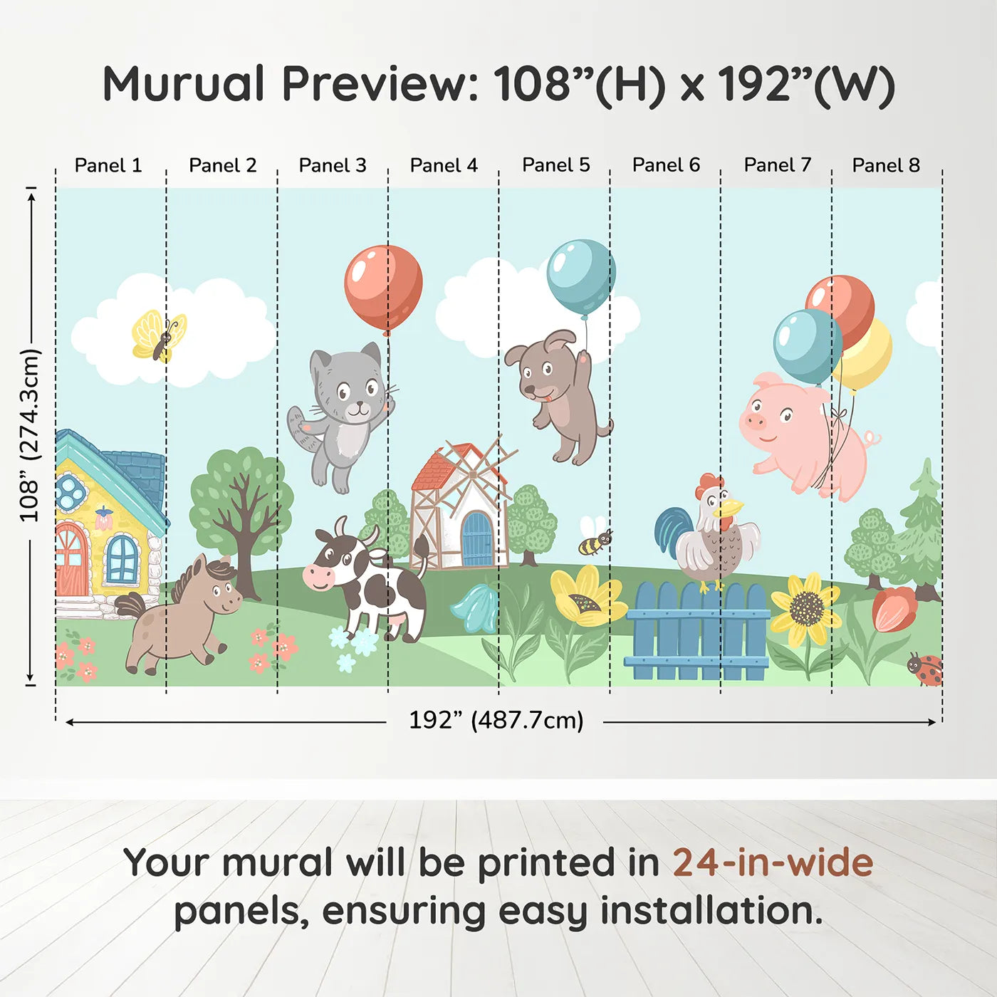 Whimsy Tots Farm Animal Balloon Party Wall Muraldimension view (108" H x 192" W). Printed in eight 24-inch-wide panels. Gender-Neutral