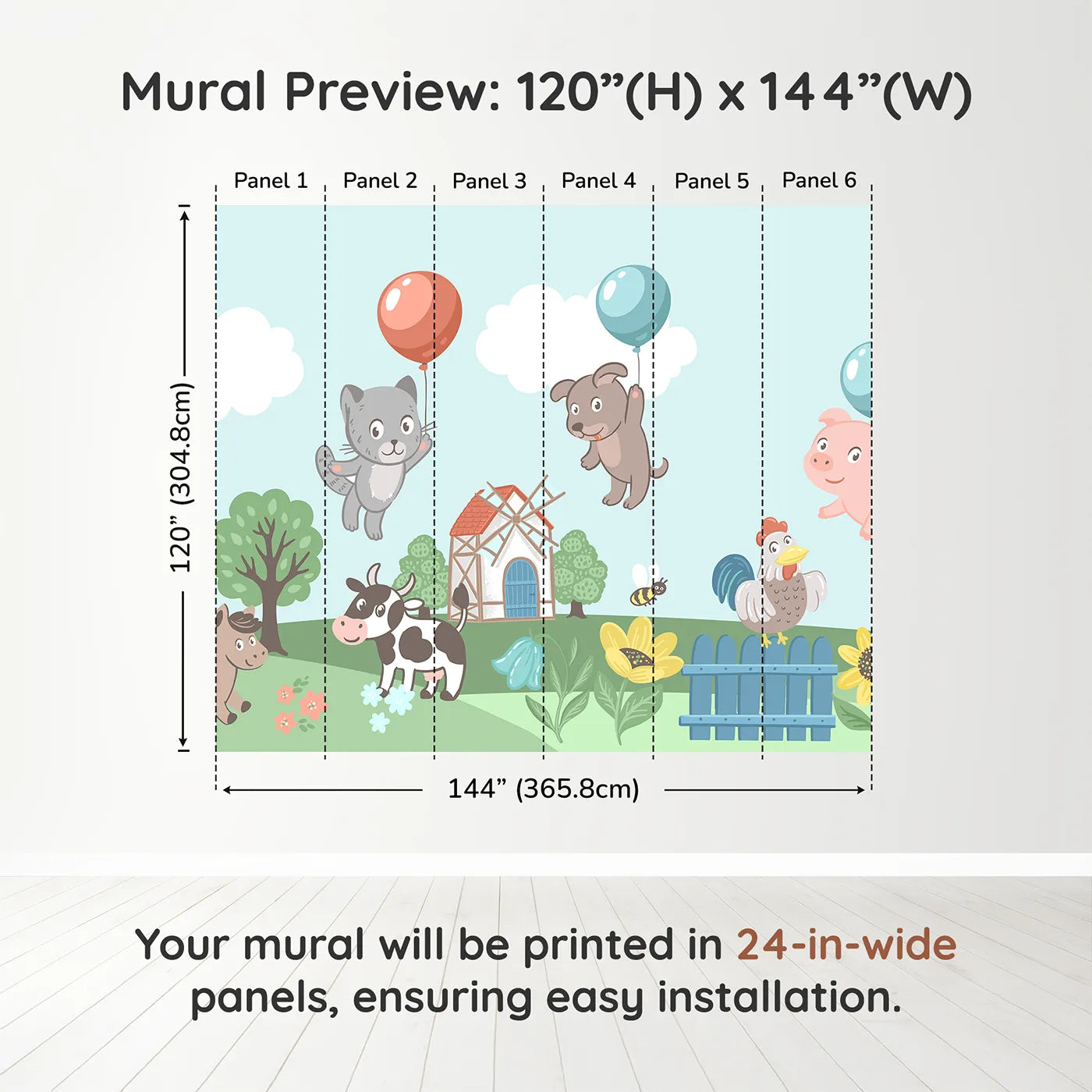Whimsy Tots Farm Animal Balloon Party Wall Muraldimension view (120" H x 144" W). Printed in six 24-inch-wide panels. Gender-Neutral