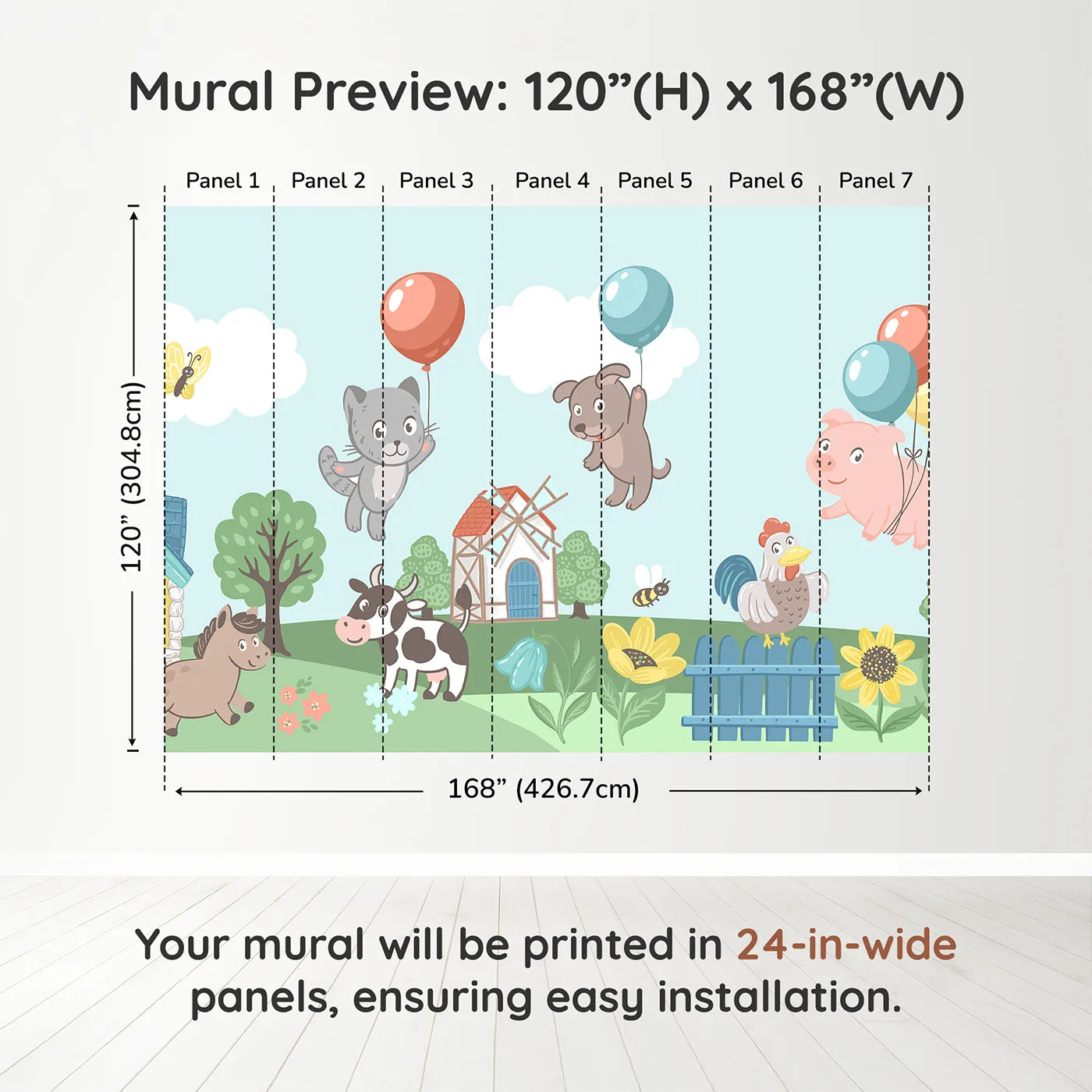 Whimsy Tots Farm Animal Balloon Party Wall Muraldimension view (120" H x 168" W). Printed in seven 24-inch-wide panels. Gender-Neutral