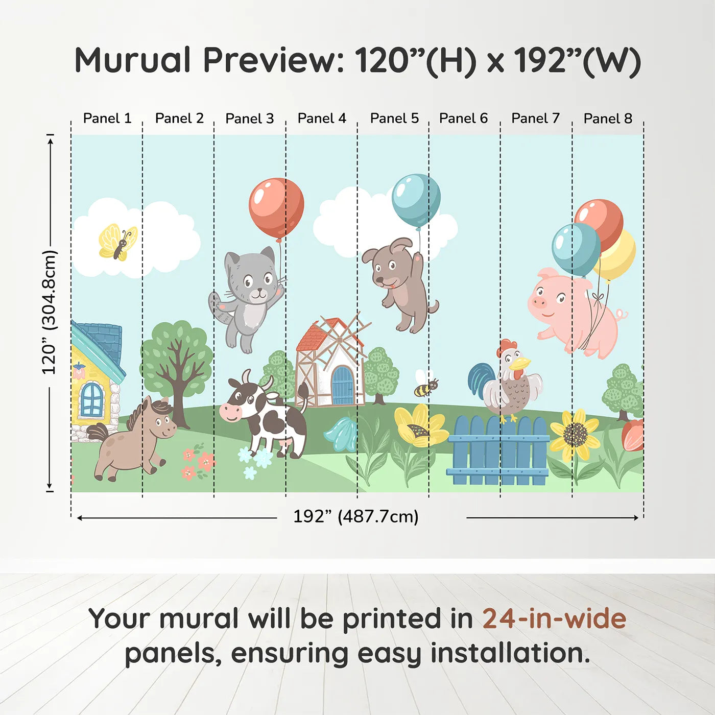 Whimsy Tots Farm Animal Balloon Party Wall Muraldimension view (120" H x 192" W). Printed in eight 24-inch-wide panels. Gender-Neutral