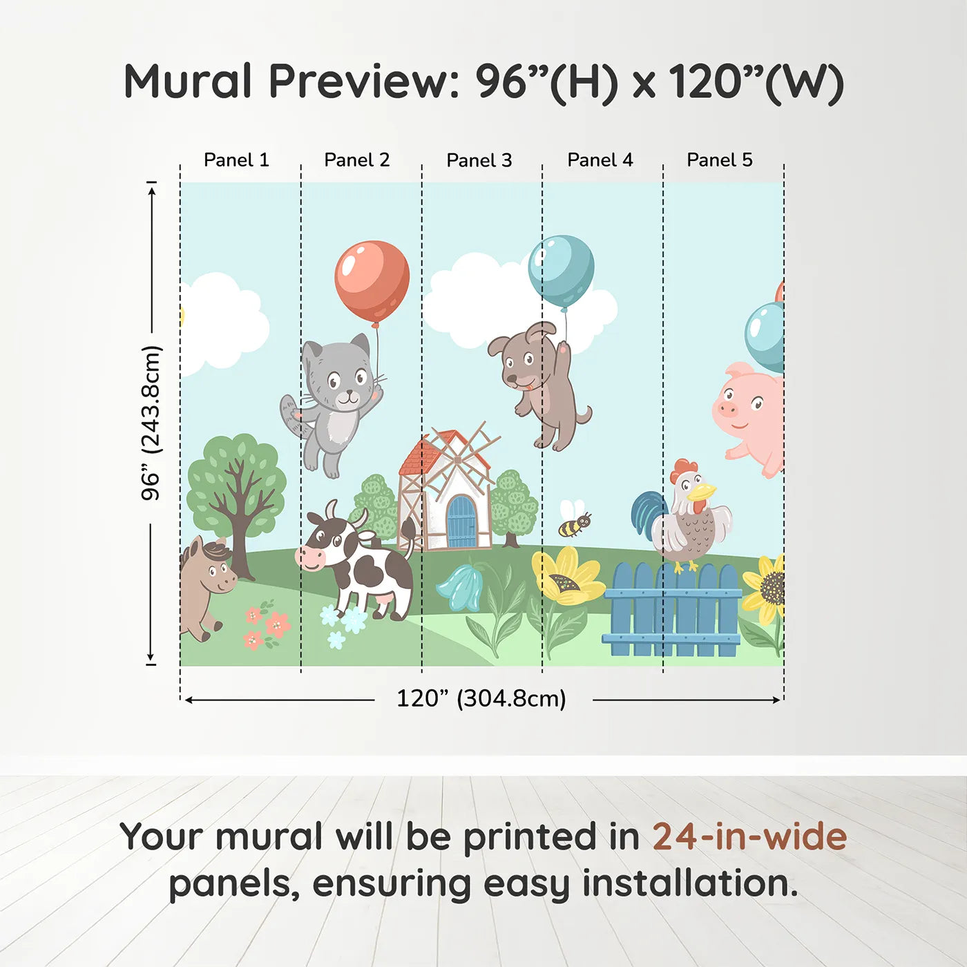 Whimsy Tots Farm Animal Balloon Party Wall Muraldimension view (96" H x 120" W). Printed in five 24-inch-wide panels. Gender-Neutral