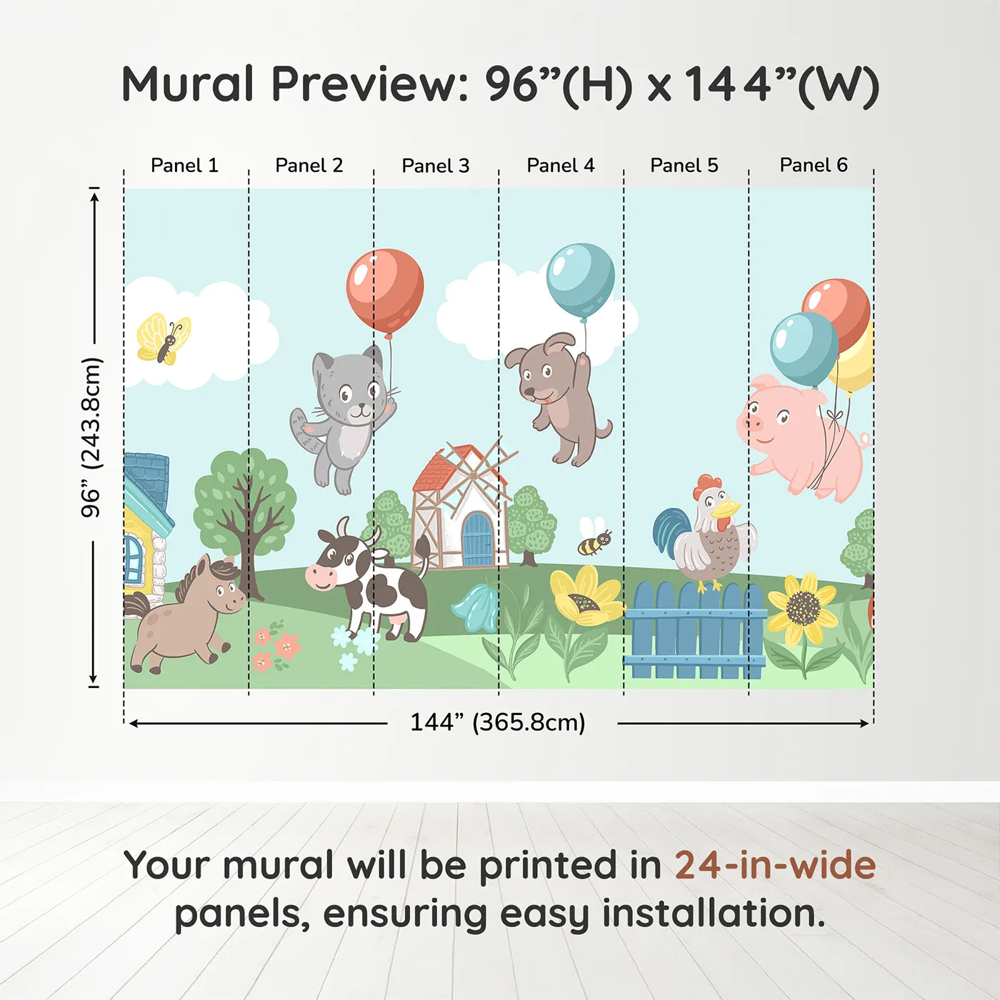 Whimsy Tots Farm Animal Balloon Party Wall Muraldimension view (96" H x 144" W). Printed in six 24-inch-wide panels. Gender-Neutral