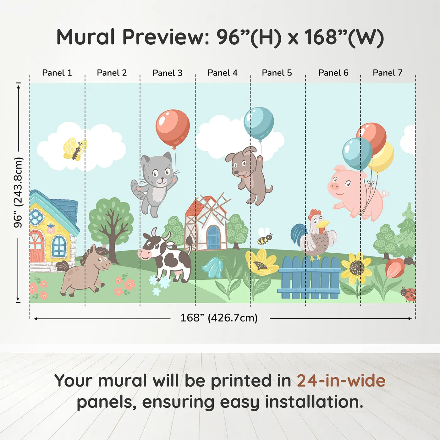 Whimsy Tots Farm Animal Balloon Party Wall Muraldimension view (96" H x 168" W). Printed in seven 24-inch-wide panels. Gender-Neutral