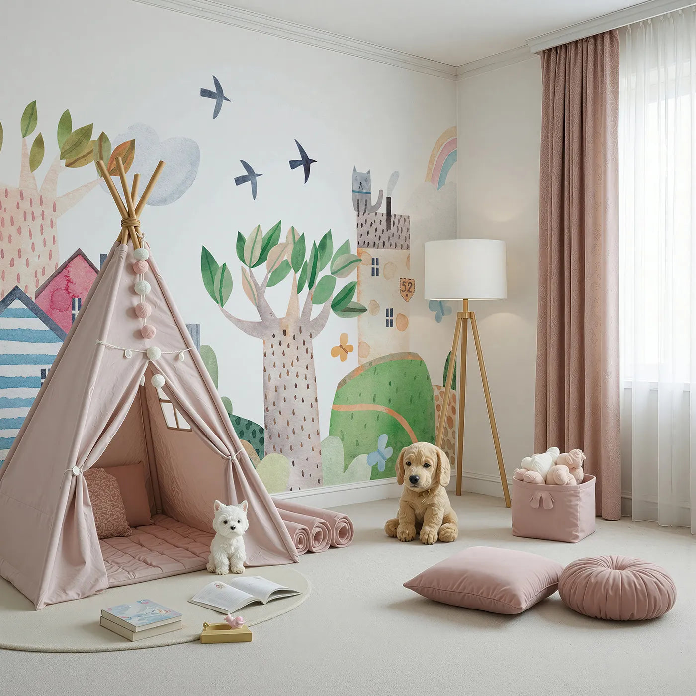 Angled view of Whimsy Tots' Rainbow Hills Town Wall Mural (Turn Their Room into the Most Colorful Neighborhood).Gender-Neutral