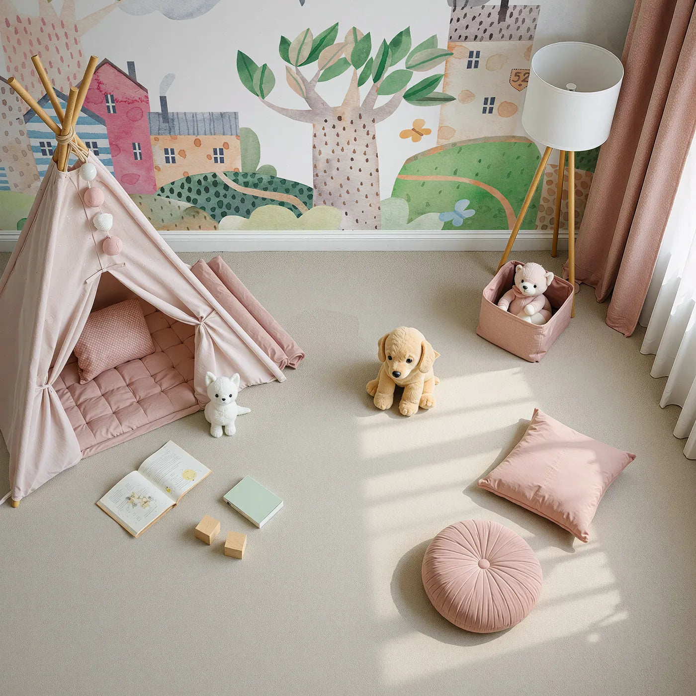 Top-down view of Whimsy Tots' Rainbow Hills Town Wall Mural (Turn Their Room into the Most Colorful Neighborhood).Gender-Neutral