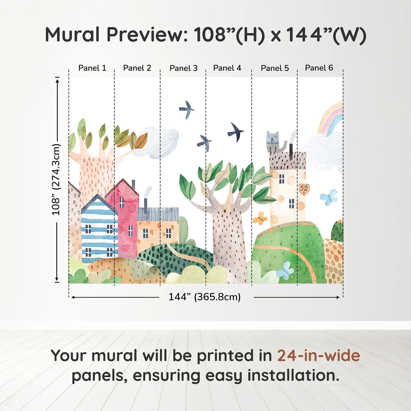 Whimsy Tots Rainbow Hills Town Wall Muraldimension view (108" H x 144" W). Printed in six 24-inch-wide panels. Gender-Neutral