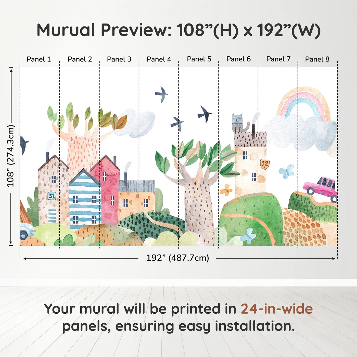 Whimsy Tots Rainbow Hills Town Wall Muraldimension view (108" H x 192" W). Printed in eight 24-inch-wide panels. Gender-Neutral