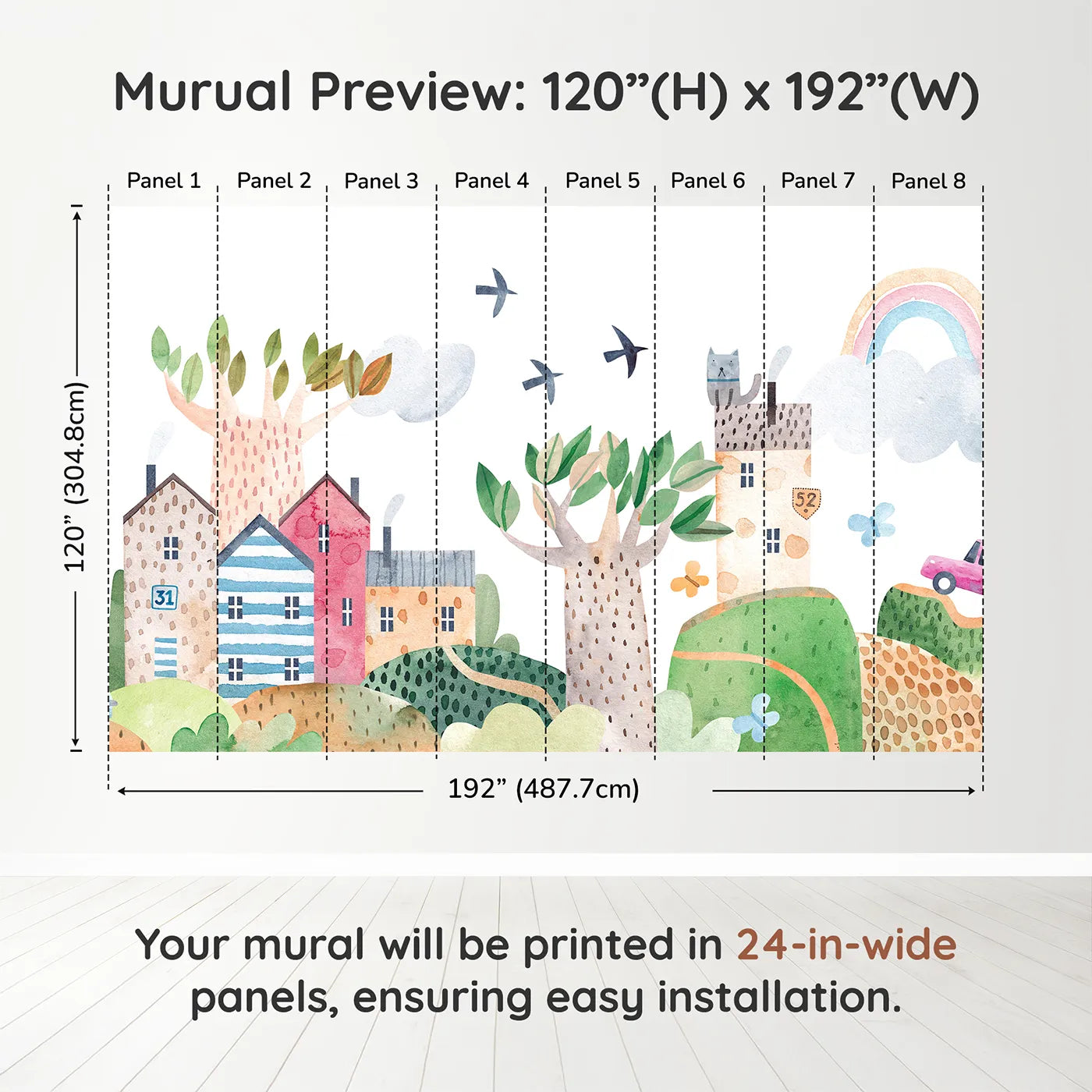 Whimsy Tots Rainbow Hills Town Wall Muraldimension view (120" H x 192" W). Printed in eight 24-inch-wide panels. Gender-Neutral