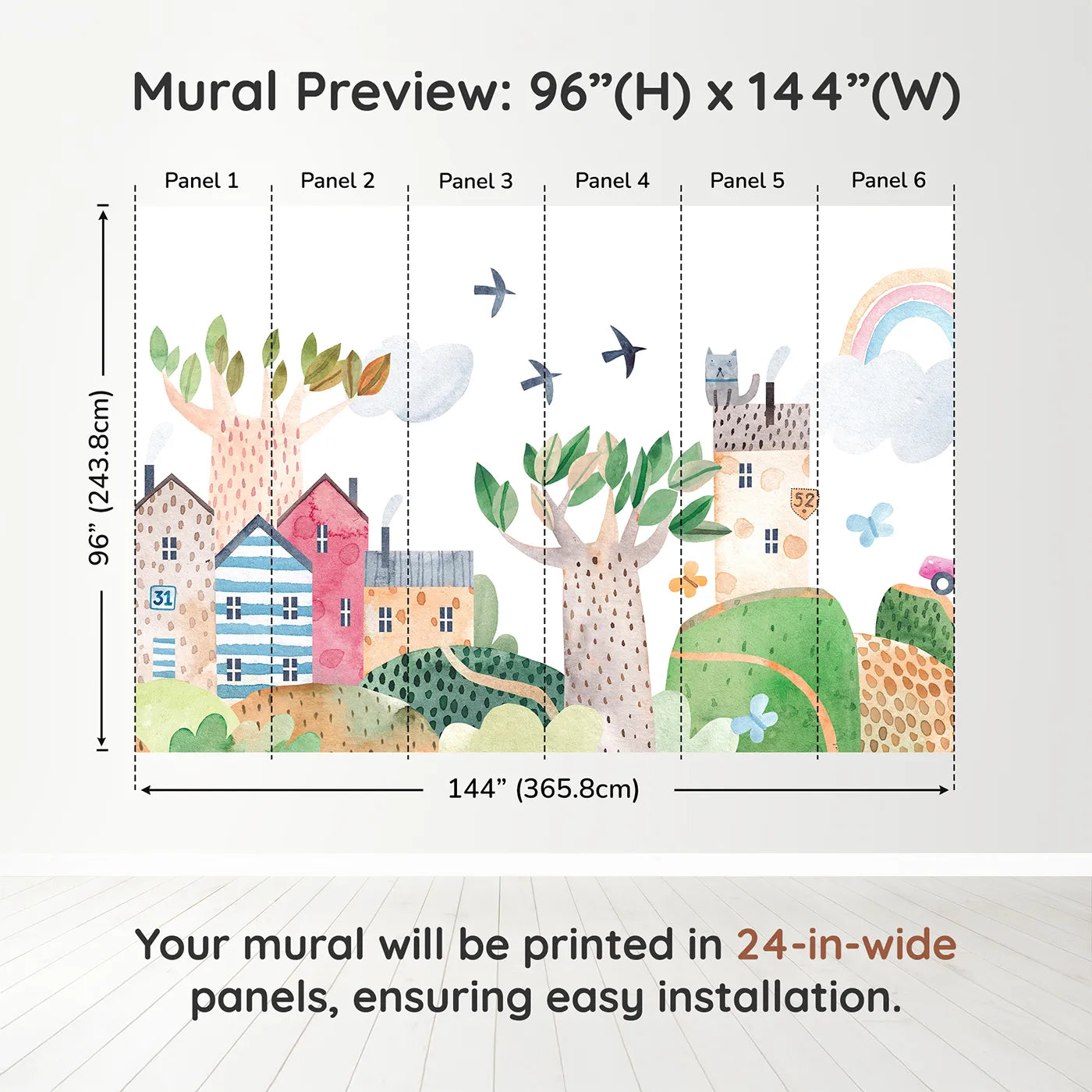 Whimsy Tots Rainbow Hills Town Wall Muraldimension view (96" H x 144" W). Printed in six 24-inch-wide panels. Gender-Neutral