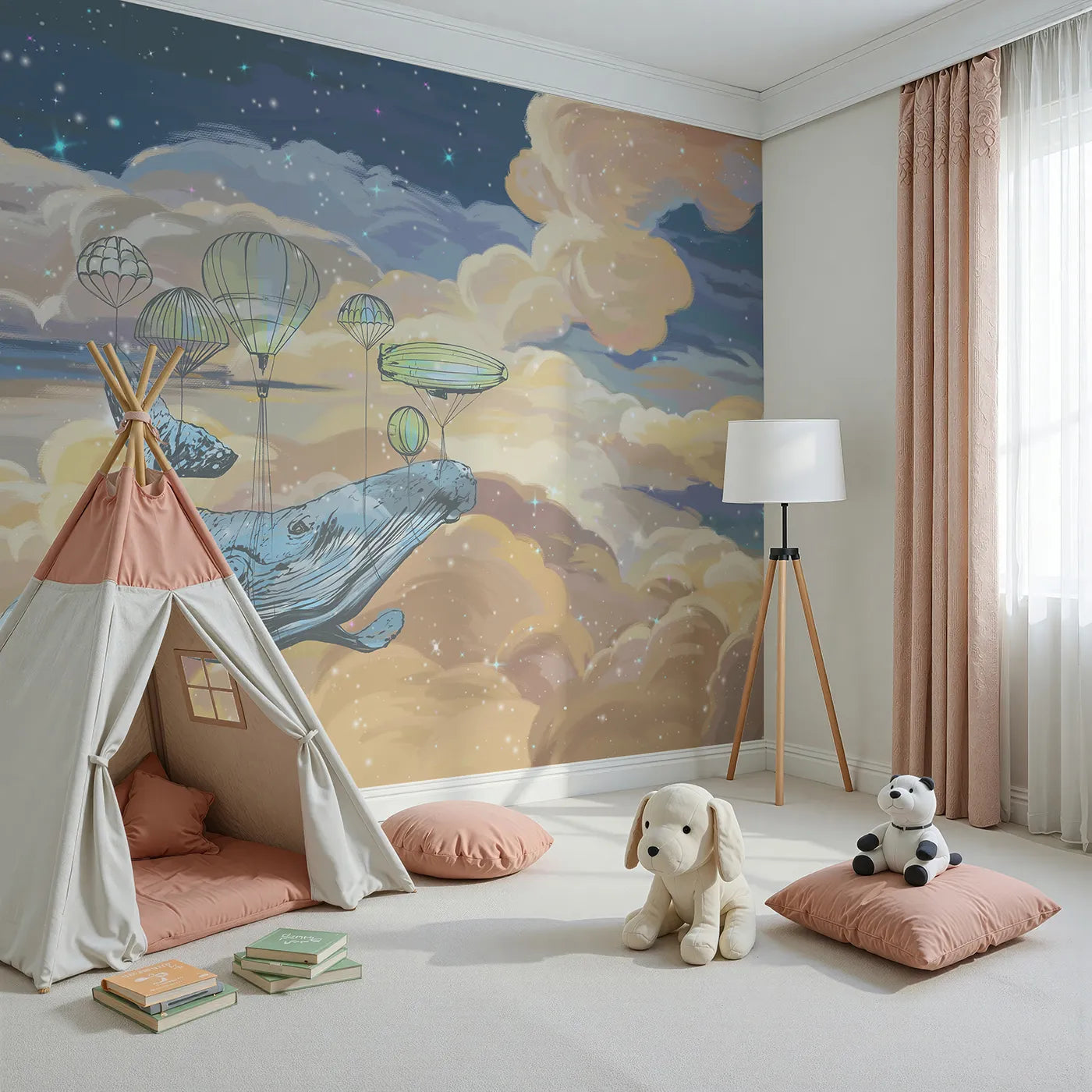 Angled view of Whimsy Tots' Flying Whale Airship Wall Mural (Turn Their Room into a Surreal and Beautiful Dream).Gender-Neutral