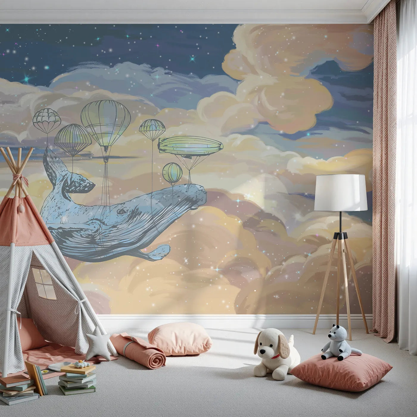 Front view of Whimsy Tots' Flying Whale Airship Wall Mural