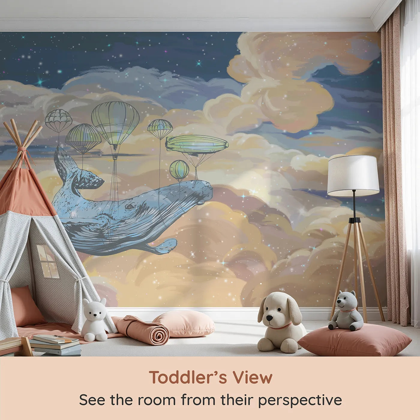 Whimsy Tots Flying Whale Airship Wall Mural (Turn Their Room into a Surreal and Beautiful Dream) from your child's view.Gender-Neutral