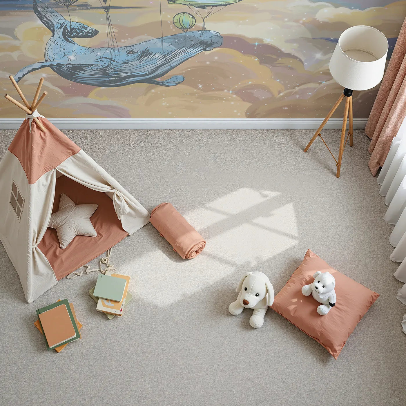 Top-down view of Whimsy Tots' Flying Whale Airship Wall Mural (Turn Their Room into a Surreal and Beautiful Dream).Gender-Neutral