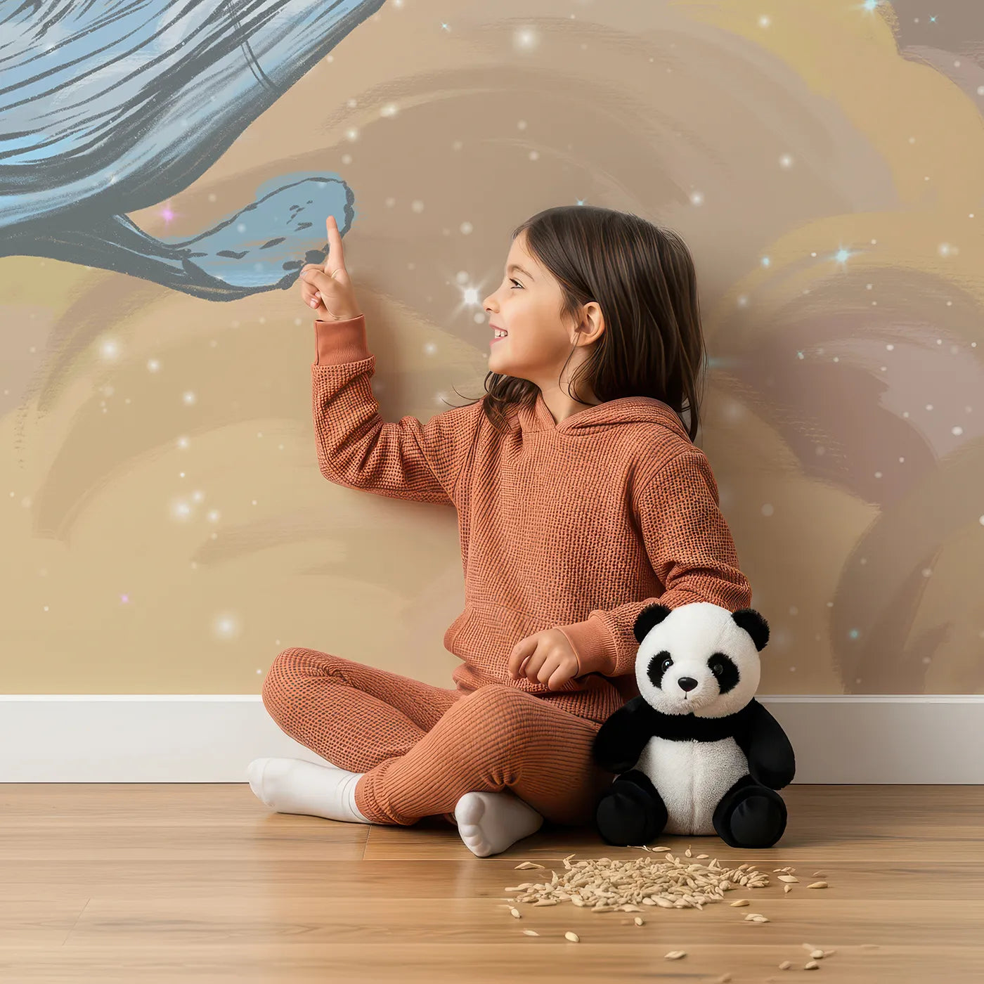 Child in front of Whimsy Tots Flying Whale Airship Wall Mural with whale, flying, steampunk, cloud, sky, airship, fantasy, surreal in design.