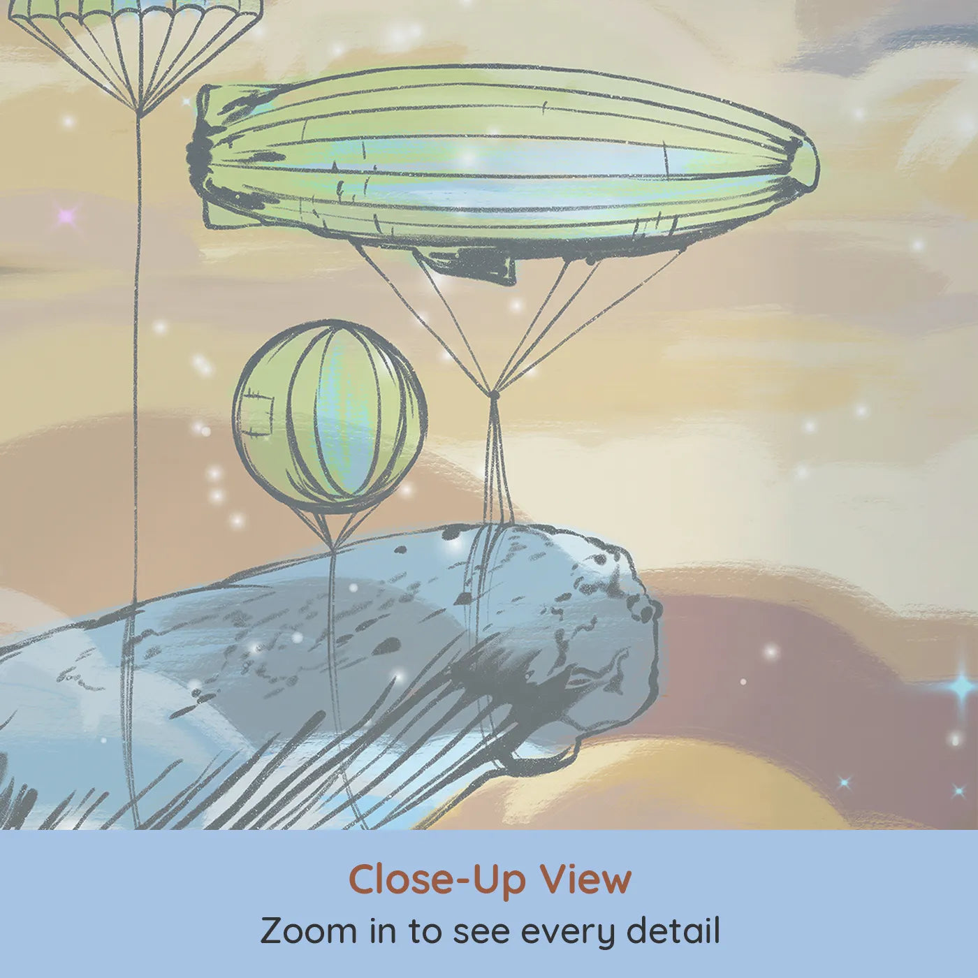 Close-up view of Whimsy Tots' Flying Whale Airship Wall Mural (Turn Their Room into a Surreal and Beautiful Dream).Gender-Neutral