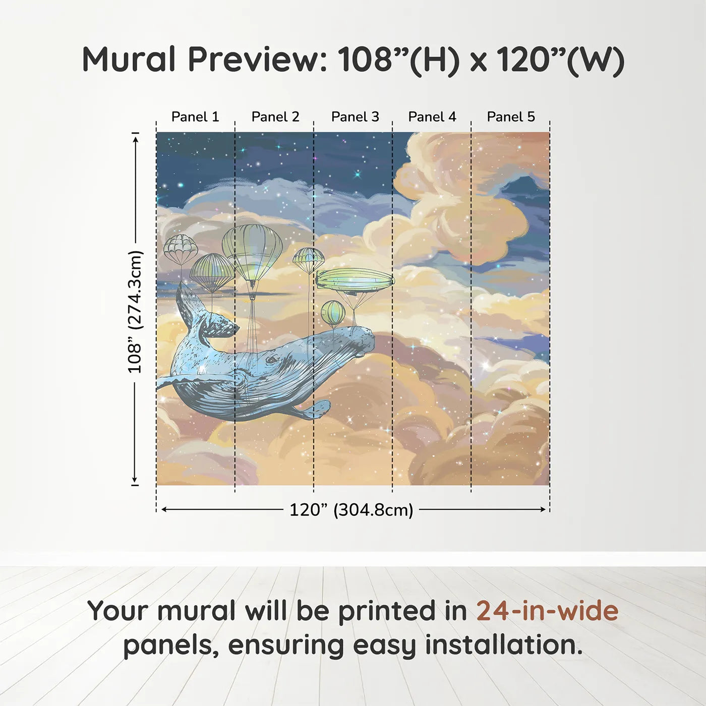 Whimsy Tots Flying Whale Airship Wall Muraldimension view (108" H x 120" W). Printed in five 24-inch-wide panels. Gender-Neutral