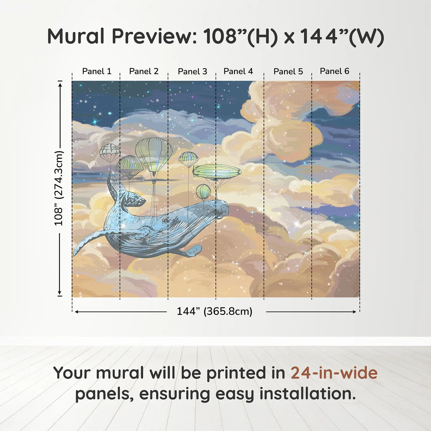 Whimsy Tots Flying Whale Airship Wall Muraldimension view (108" H x 144" W). Printed in six 24-inch-wide panels. Gender-Neutral