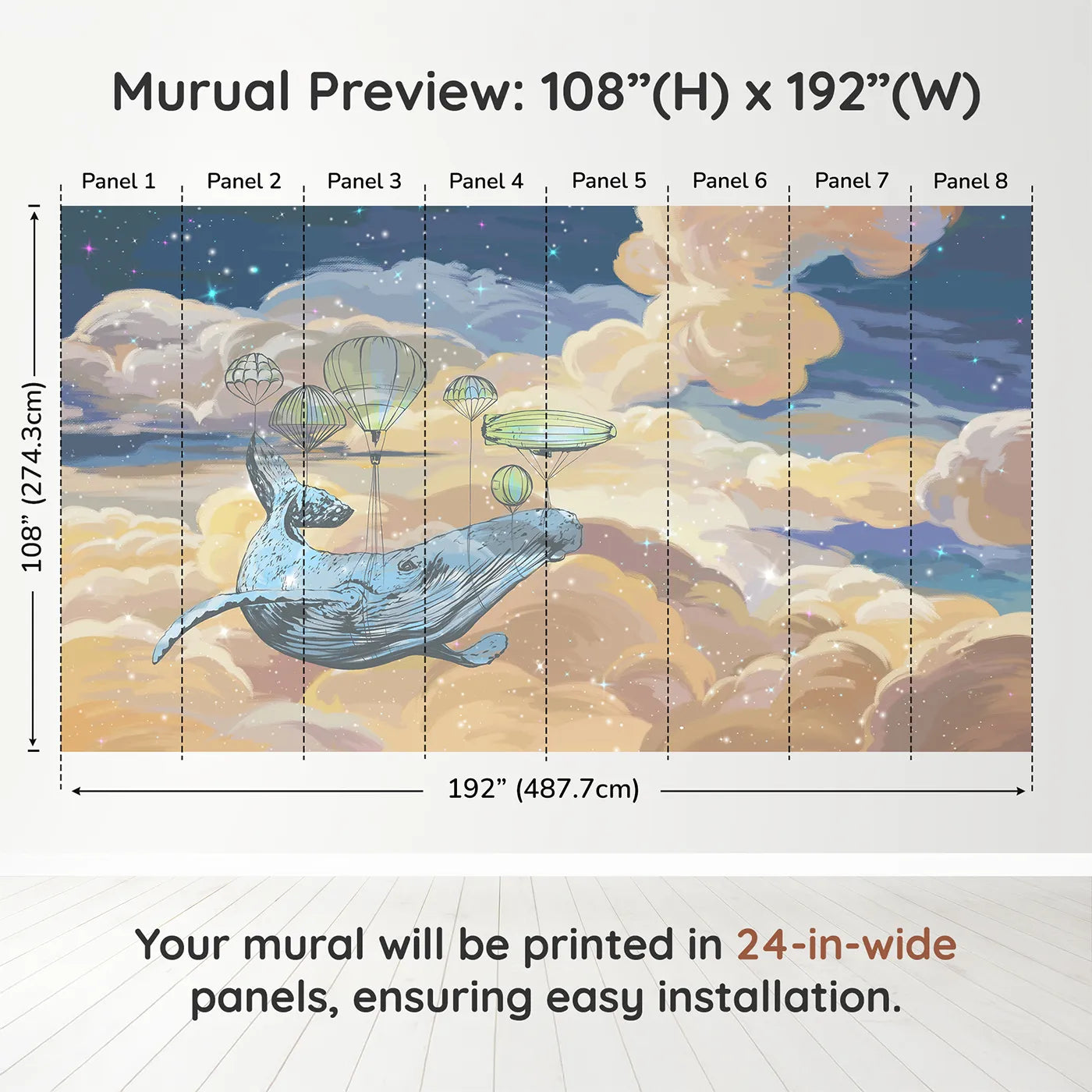 Whimsy Tots Flying Whale Airship Wall Muraldimension view (108" H x 192" W). Printed in eight 24-inch-wide panels. Gender-Neutral