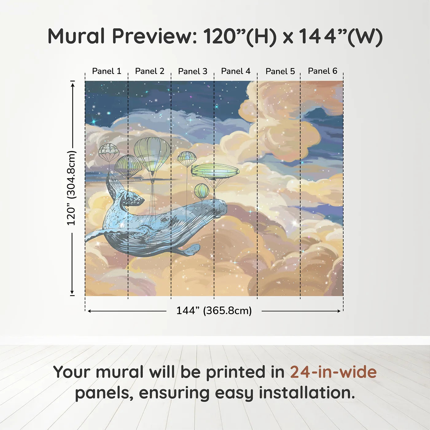 Whimsy Tots Flying Whale Airship Wall Muraldimension view (120" H x 144" W). Printed in six 24-inch-wide panels. Gender-Neutral