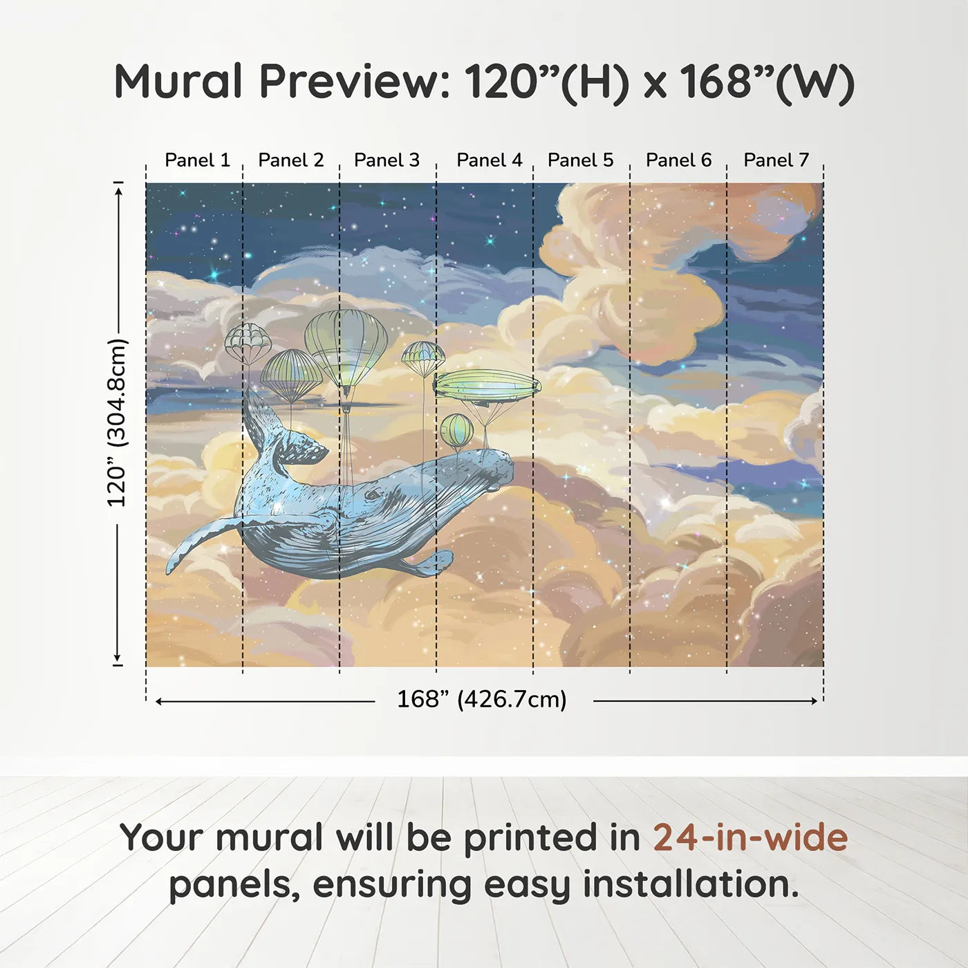 Whimsy Tots Flying Whale Airship Wall Muraldimension view (120" H x 168" W). Printed in seven 24-inch-wide panels. Gender-Neutral