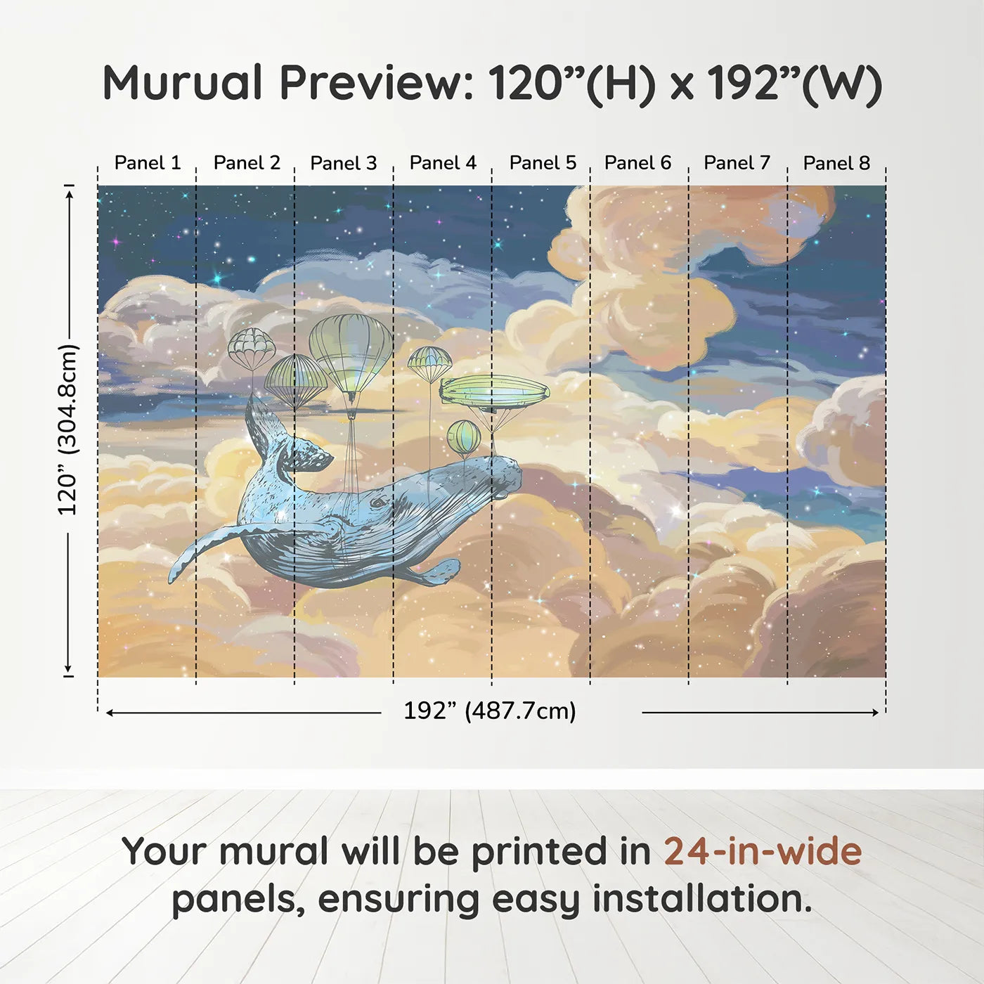 Whimsy Tots Flying Whale Airship Wall Muraldimension view (120" H x 192" W). Printed in eight 24-inch-wide panels. Gender-Neutral