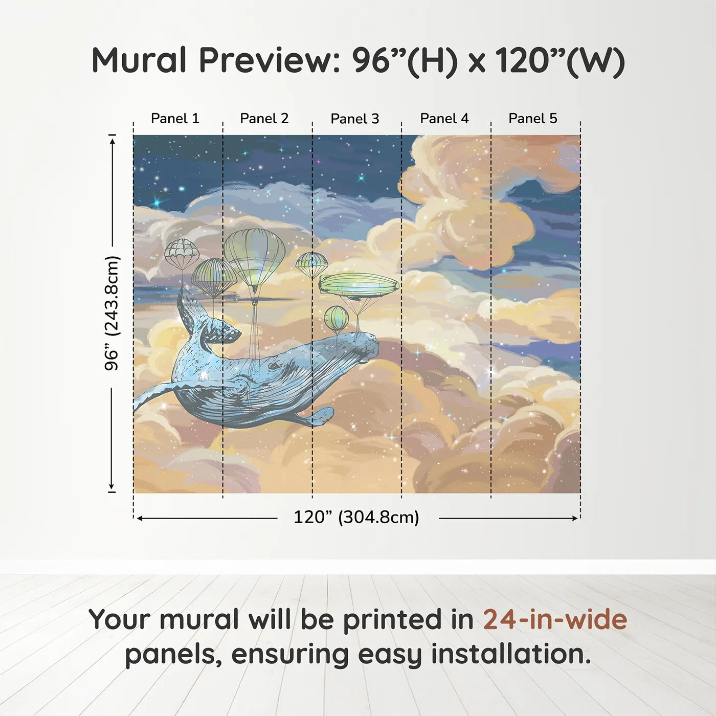 Whimsy Tots Flying Whale Airship Wall Muraldimension view (96" H x 120" W). Printed in five 24-inch-wide panels. Gender-Neutral