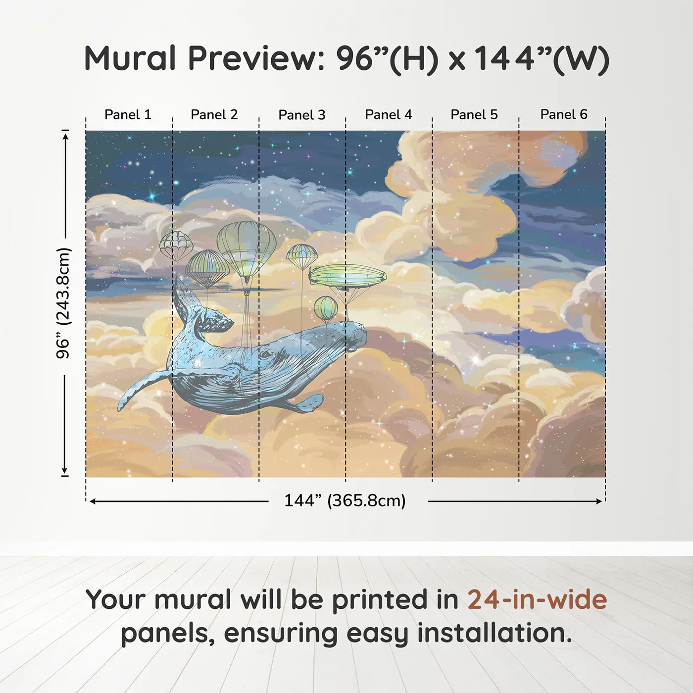 Whimsy Tots Flying Whale Airship Wall Muraldimension view (96" H x 144" W). Printed in six 24-inch-wide panels. Gender-Neutral