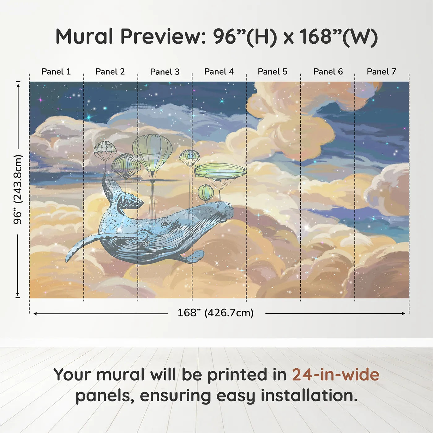 Whimsy Tots Flying Whale Airship Wall Muraldimension view (96" H x 168" W). Printed in seven 24-inch-wide panels. Gender-Neutral
