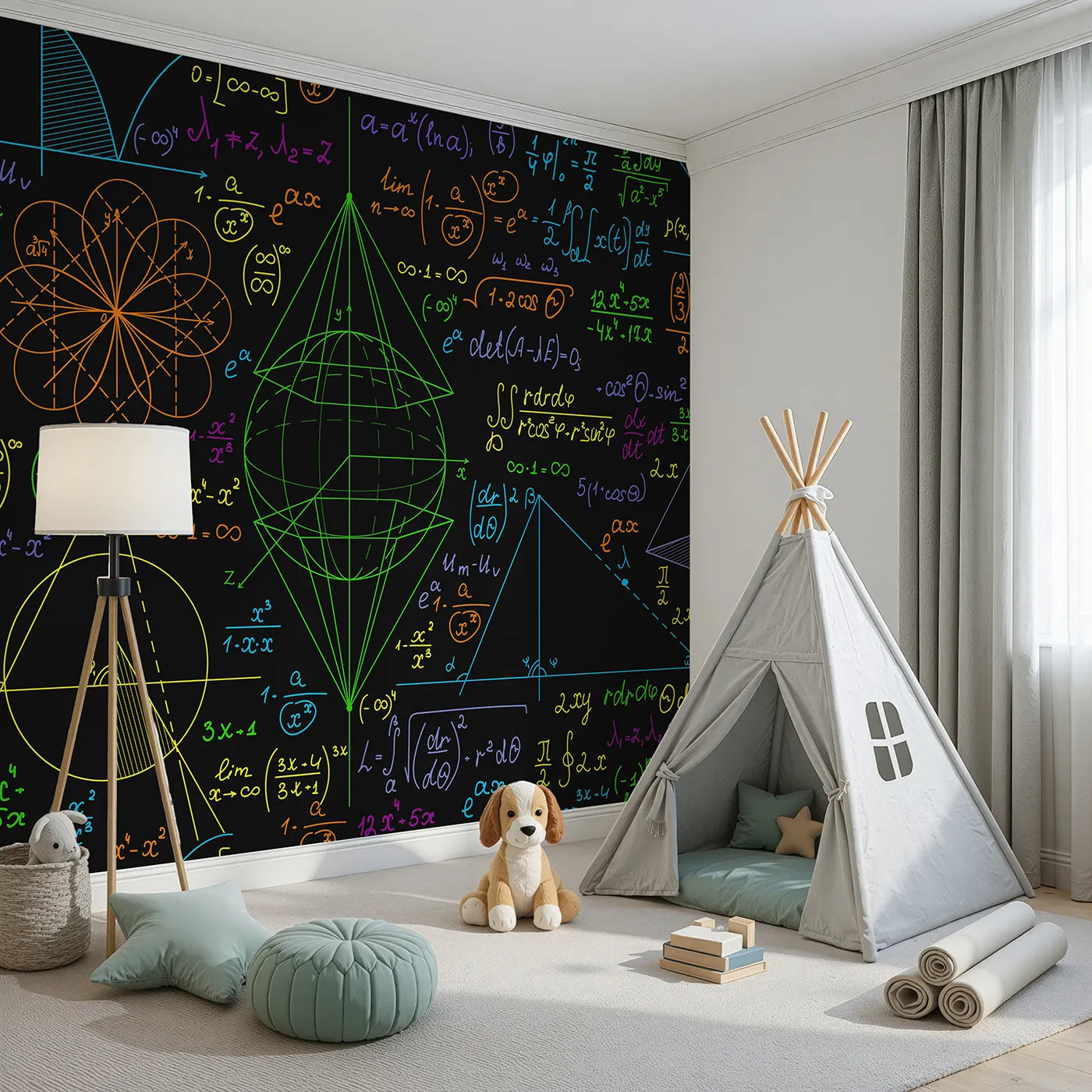 Angled view of Whimsy Tots' Neon Math Formulas Wall Mural (Turn Their Room into a Colorful, Glowing Equation).Gender-Neutral