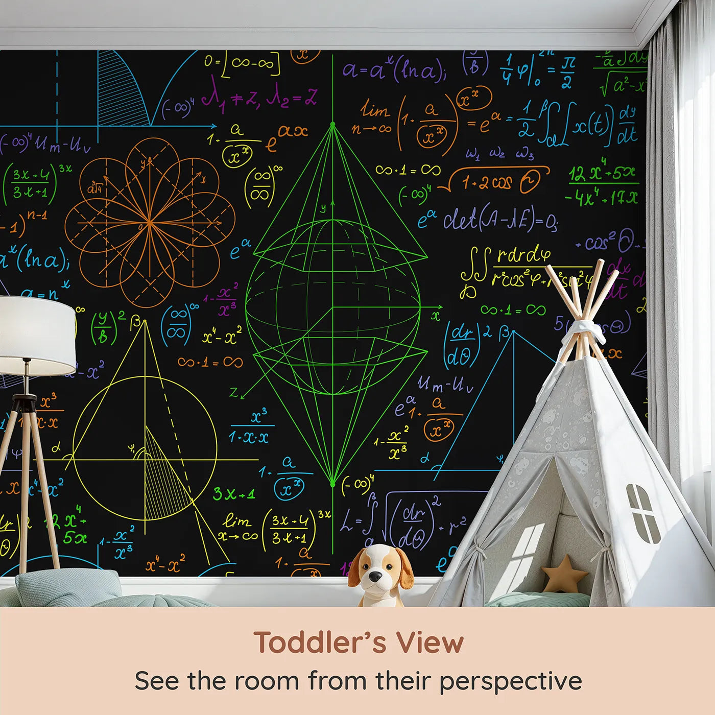 Whimsy Tots Neon Math Formulas Wall Mural (Turn Their Room into a Colorful, Glowing Equation) from your child's view.Gender-Neutral