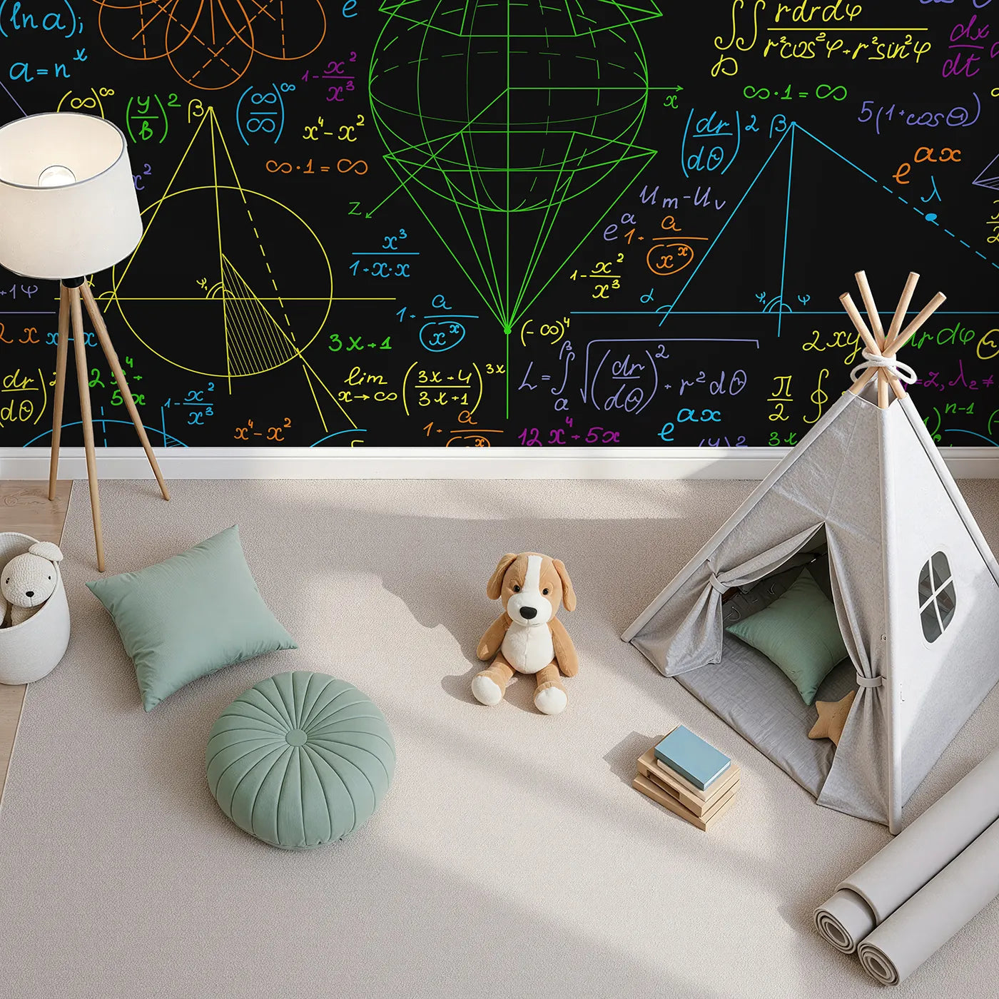 Top-down view of Whimsy Tots' Neon Math Formulas Wall Mural (Turn Their Room into a Colorful, Glowing Equation).Gender-Neutral