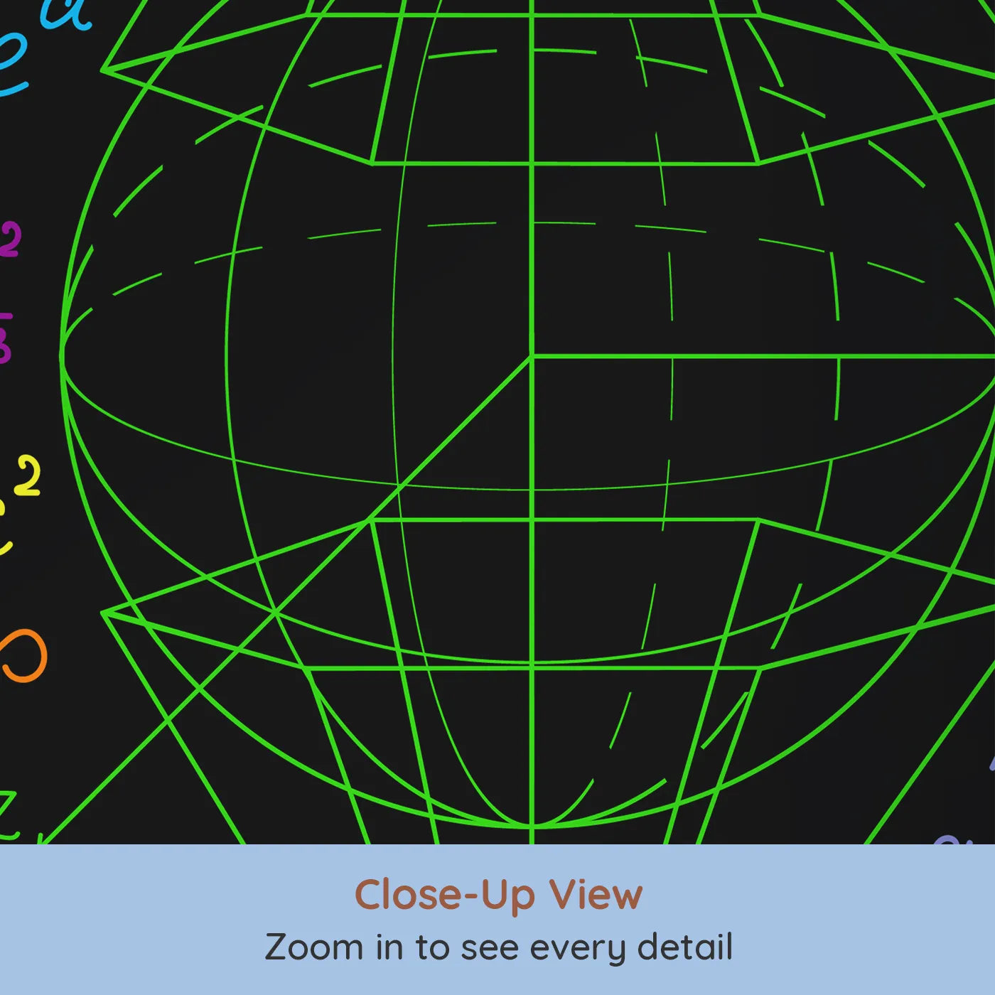 Close-up view of Whimsy Tots' Neon Math Formulas Wall Mural (Turn Their Room into a Colorful, Glowing Equation).Gender-Neutral