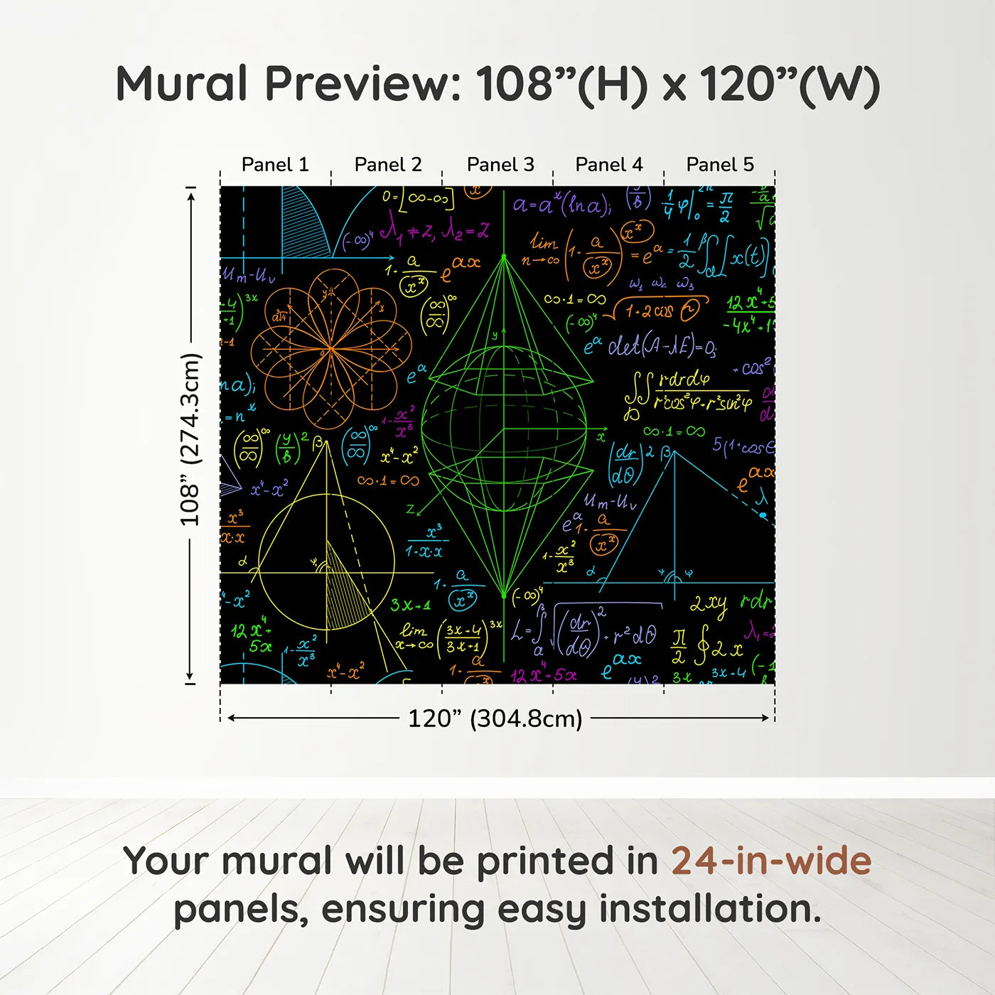 Whimsy Tots Neon Math Formulas Wall Muraldimension view (108" H x 120" W). Printed in five 24-inch-wide panels. Gender-Neutral