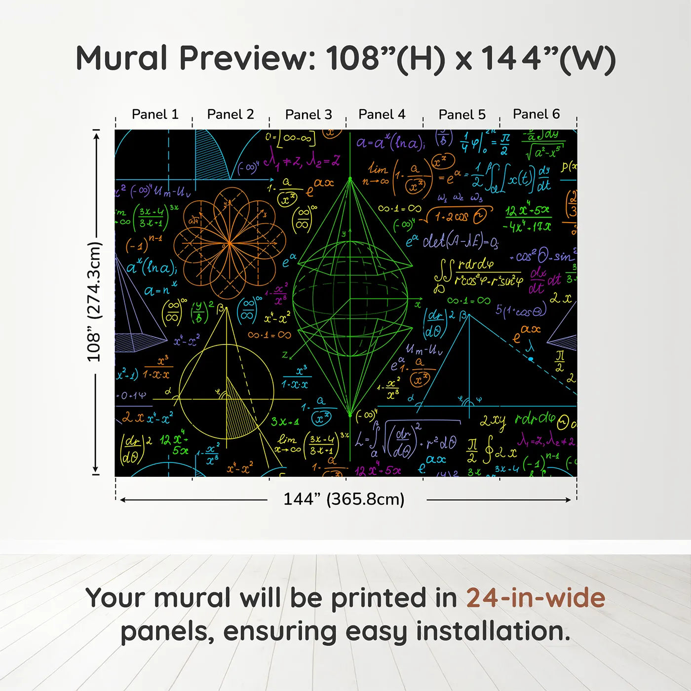 Whimsy Tots Neon Math Formulas Wall Muraldimension view (108" H x 144" W). Printed in six 24-inch-wide panels. Gender-Neutral