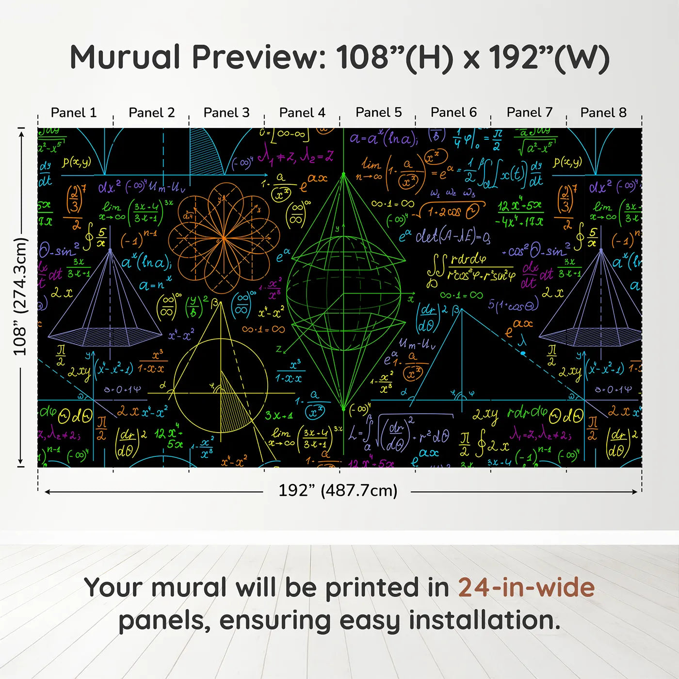 Whimsy Tots Neon Math Formulas Wall Muraldimension view (108" H x 192" W). Printed in eight 24-inch-wide panels. Gender-Neutral