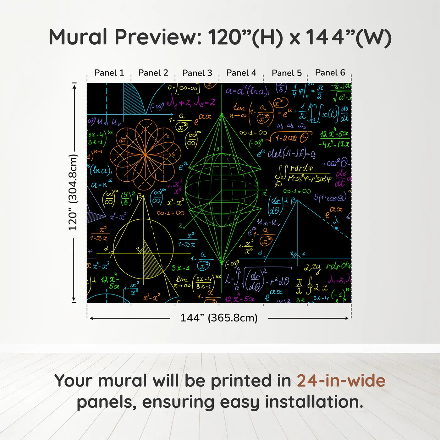 Whimsy Tots Neon Math Formulas Wall Muraldimension view (120" H x 144" W). Printed in six 24-inch-wide panels. Gender-Neutral