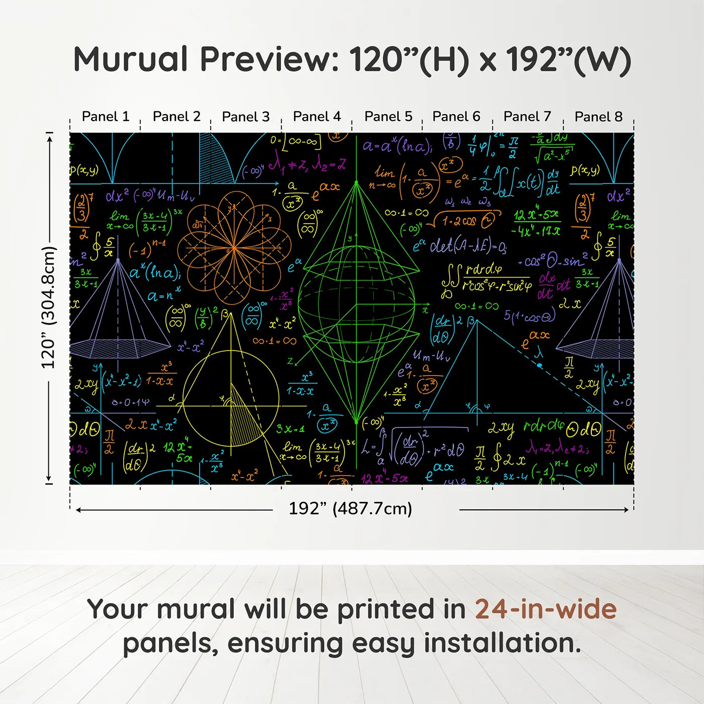 Whimsy Tots Neon Math Formulas Wall Muraldimension view (120" H x 192" W). Printed in eight 24-inch-wide panels. Gender-Neutral
