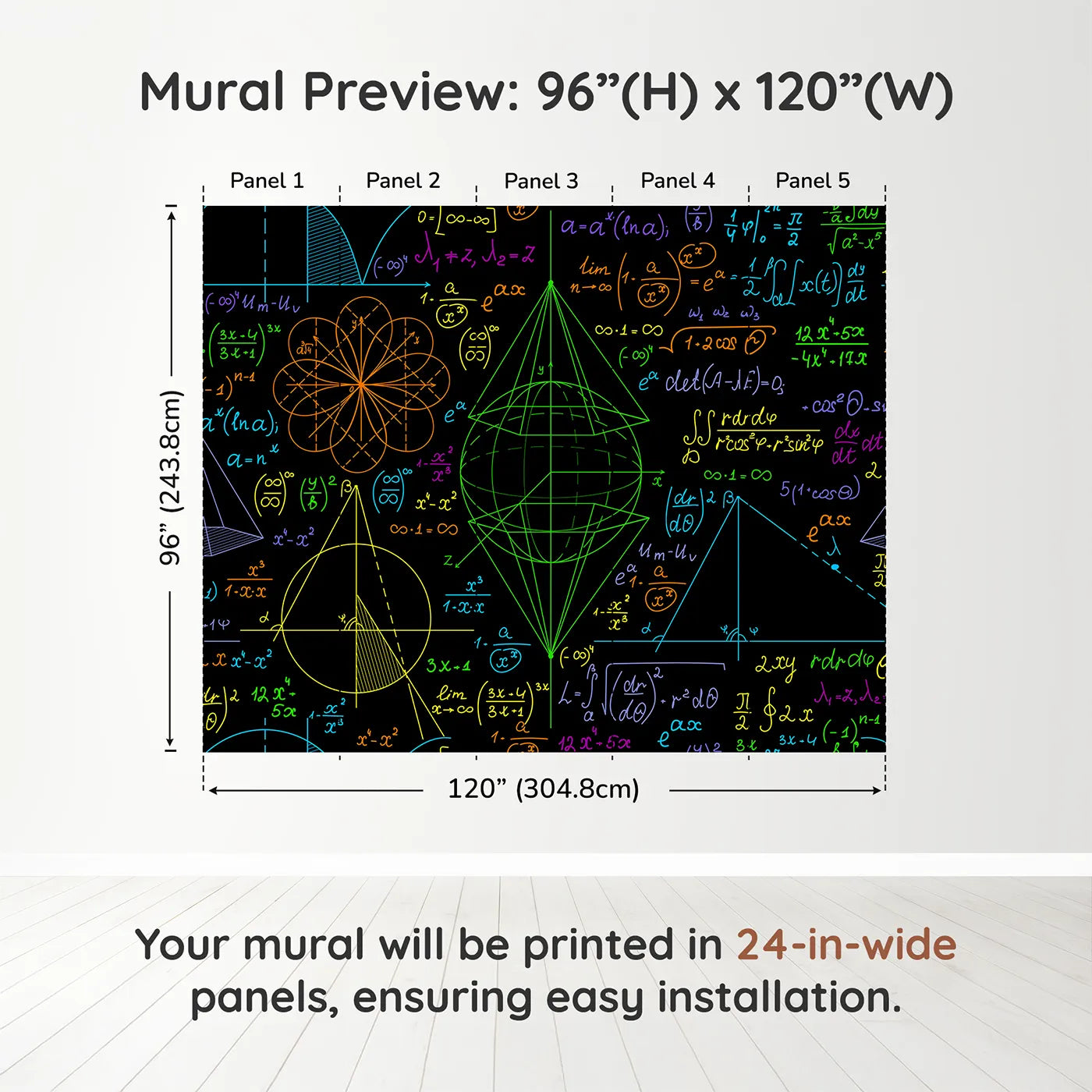 Whimsy Tots Neon Math Formulas Wall Muraldimension view (96" H x 120" W). Printed in five 24-inch-wide panels. Gender-Neutral
