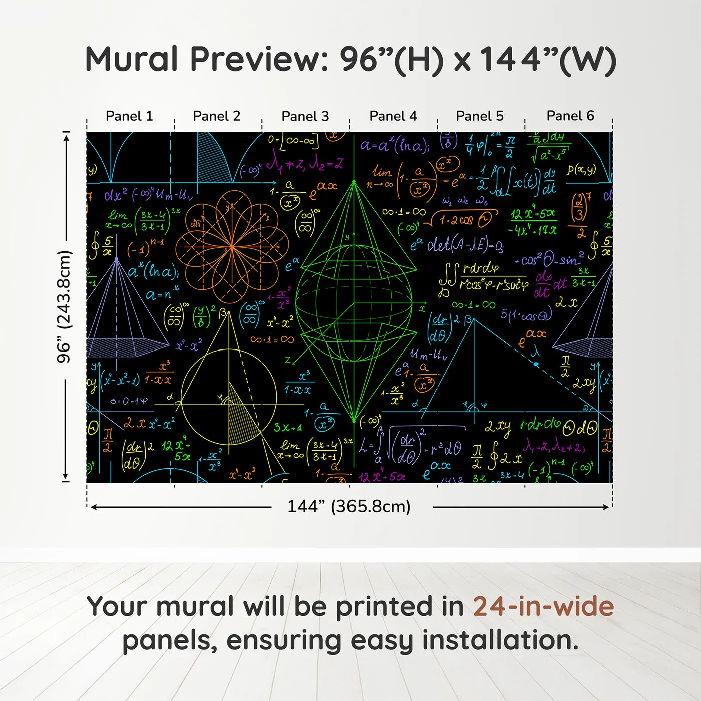Whimsy Tots Neon Math Formulas Wall Muraldimension view (96" H x 144" W). Printed in six 24-inch-wide panels. Gender-Neutral