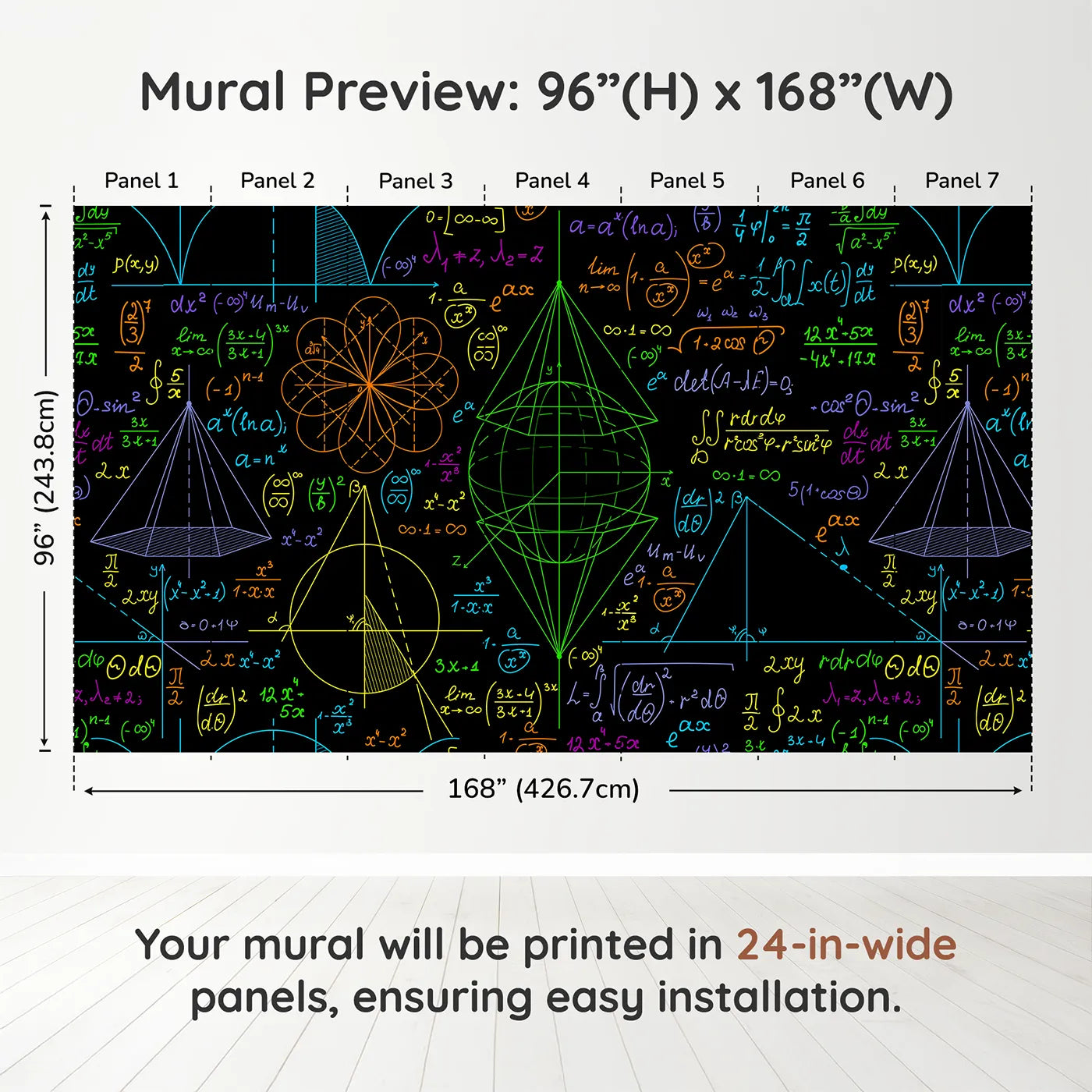 Whimsy Tots Neon Math Formulas Wall Muraldimension view (96" H x 168" W). Printed in seven 24-inch-wide panels. Gender-Neutral
