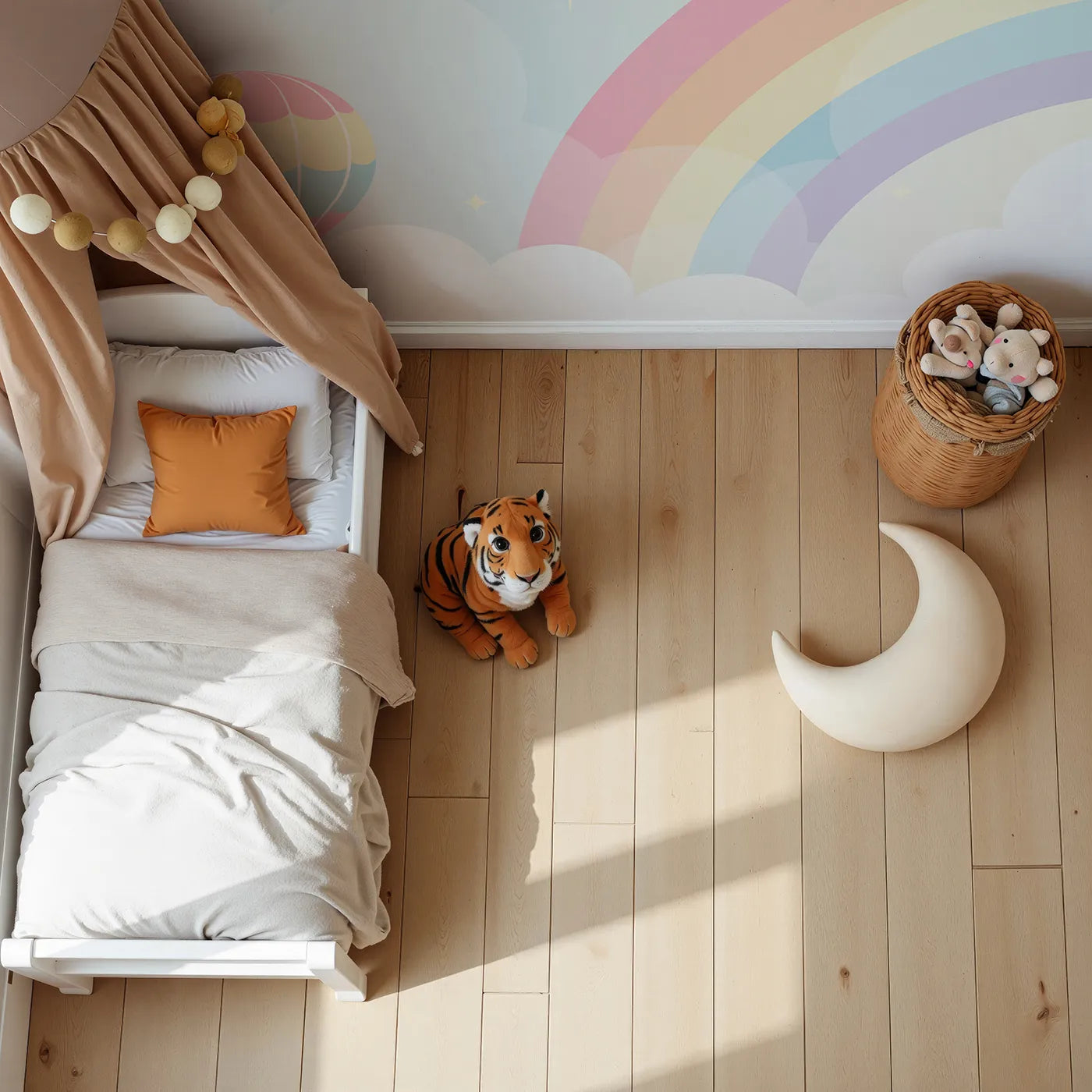 Top-down view of Whimsy Tots' Pastel Rainbow Sky Wall Mural (Turn Their Room into the Sweetest, Dreamiest Sky).Gender-Neutral