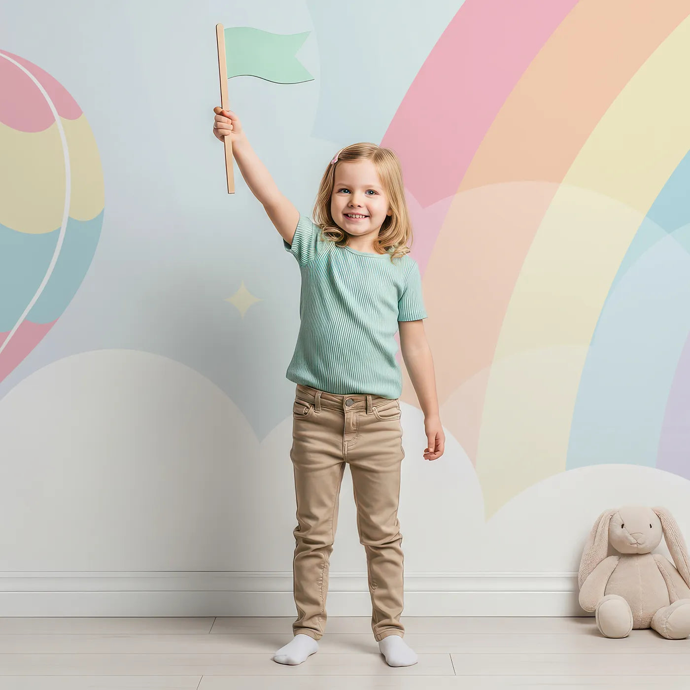 Child in front of Whimsy Tots Pastel Rainbow Sky Wall Mural with rainbow, pastel, sky, cloud, hot air balloon, star, soft, dreamy in design.