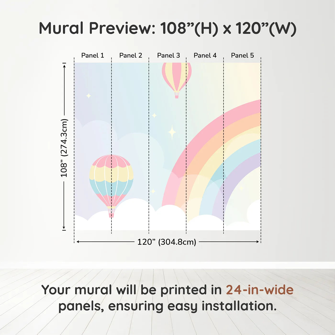 Whimsy Tots Pastel Rainbow Sky Wall Muraldimension view (108" H x 120" W). Printed in five 24-inch-wide panels. Gender-Neutral