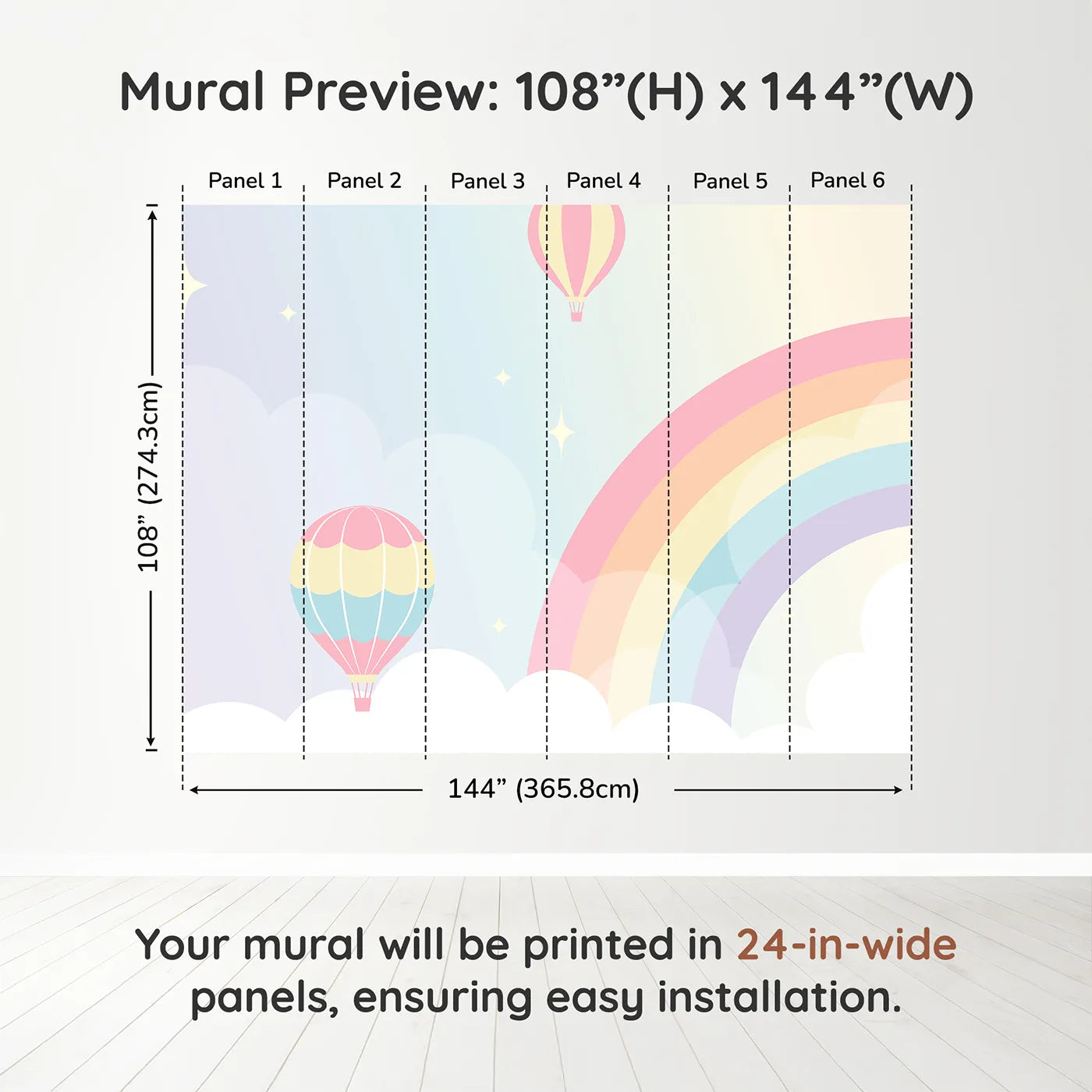 Whimsy Tots Pastel Rainbow Sky Wall Muraldimension view (108" H x 144" W). Printed in six 24-inch-wide panels. Gender-Neutral