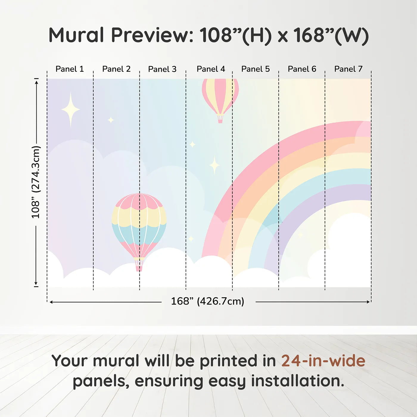 Whimsy Tots Pastel Rainbow Sky Wall Muraldimension view (108" H x 168" W). Printed in seven 24-inch-wide panels. Gender-Neutral